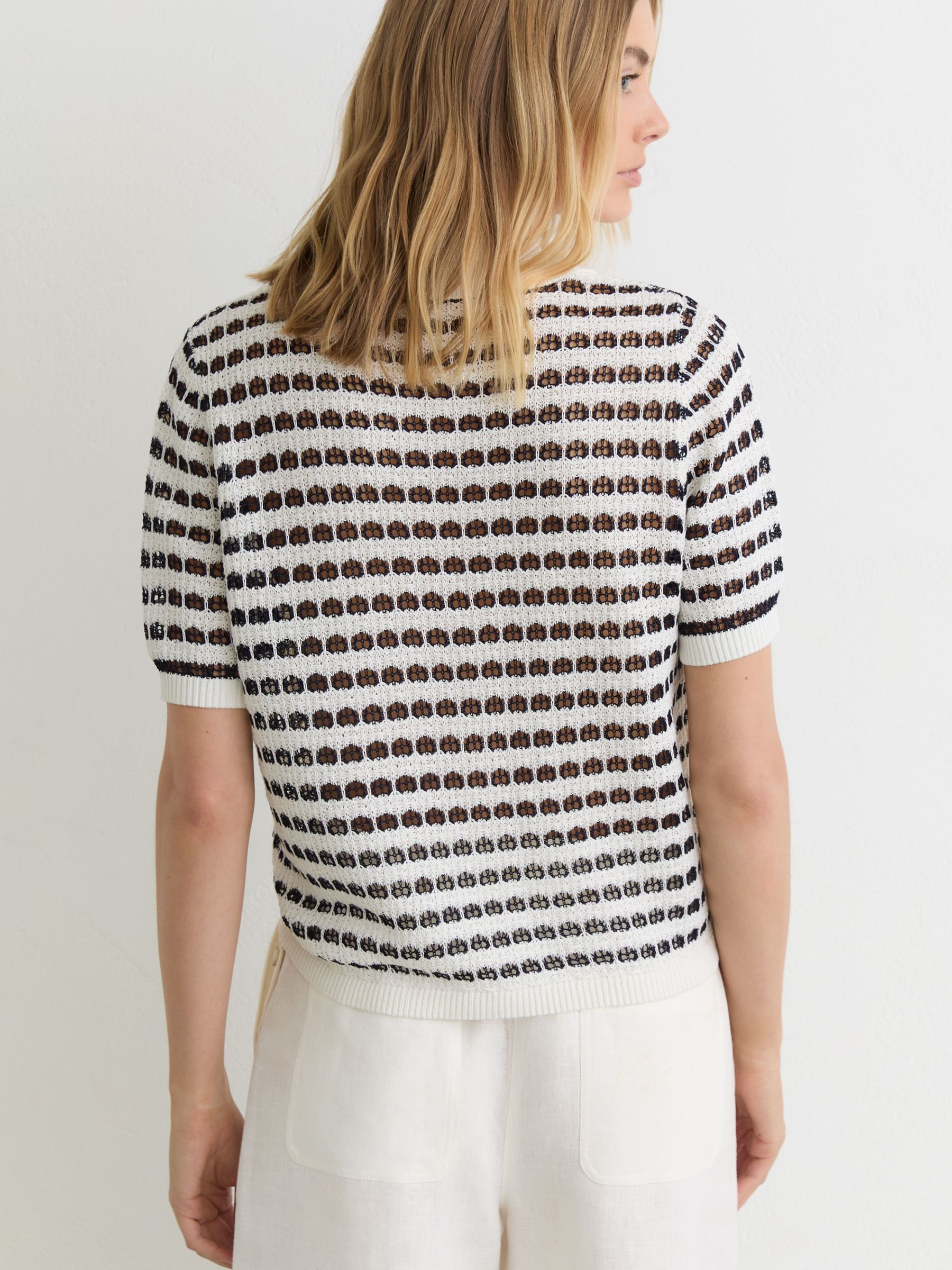 Open-Knit Patterned Polo Top With Cotton in White/Navy - image 4