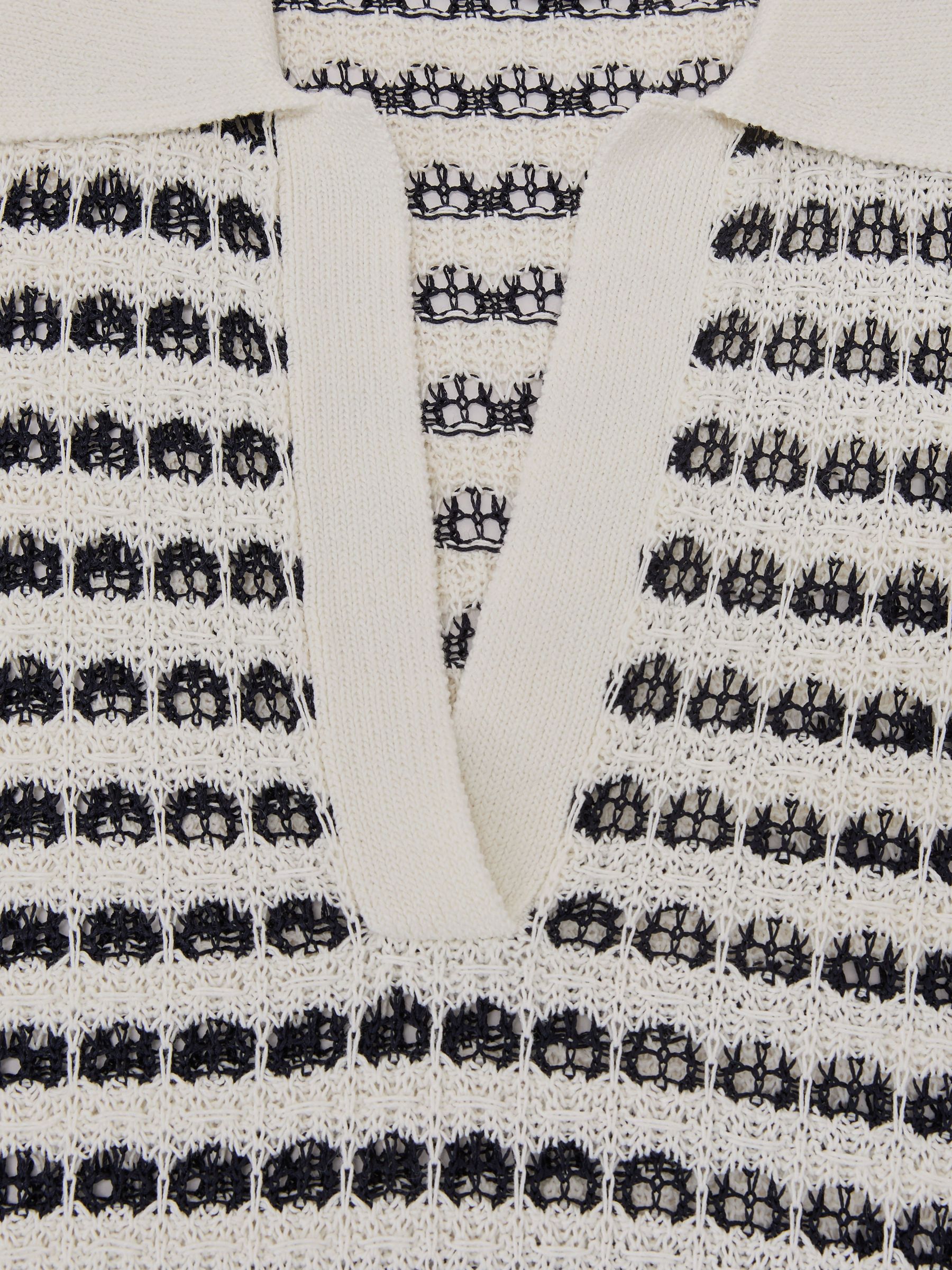 Open-Knit Patterned Polo Top With Cotton in White/Navy - image 3