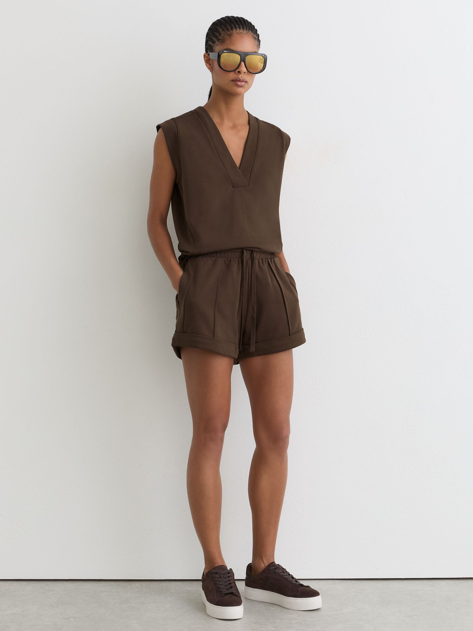 Cotton-Blend Drawstring Sweat Shorts in Chocolate Brown - Image 1 of 6