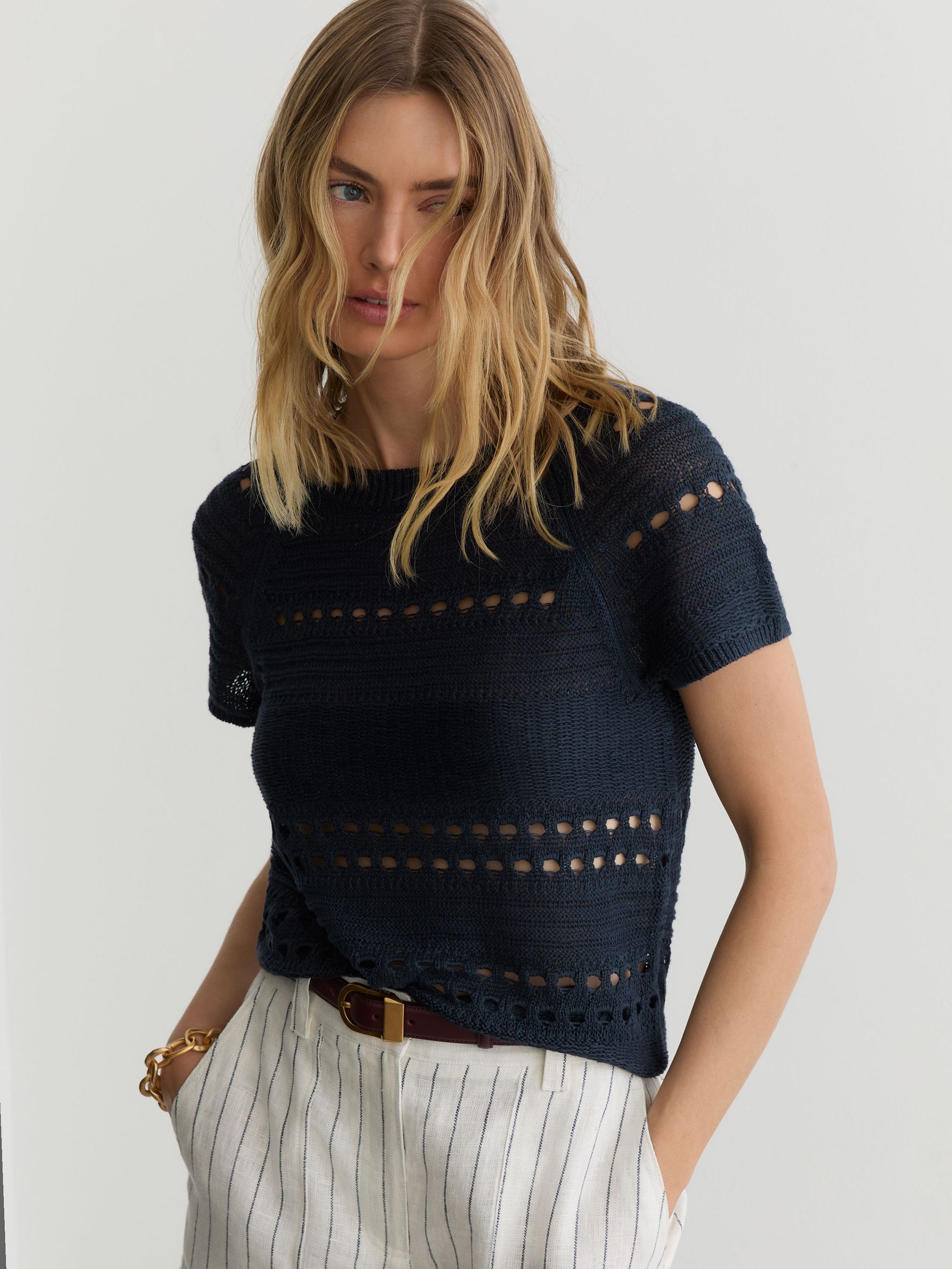 Linen Textured-Knit Top in Navy - Image 1 of 7