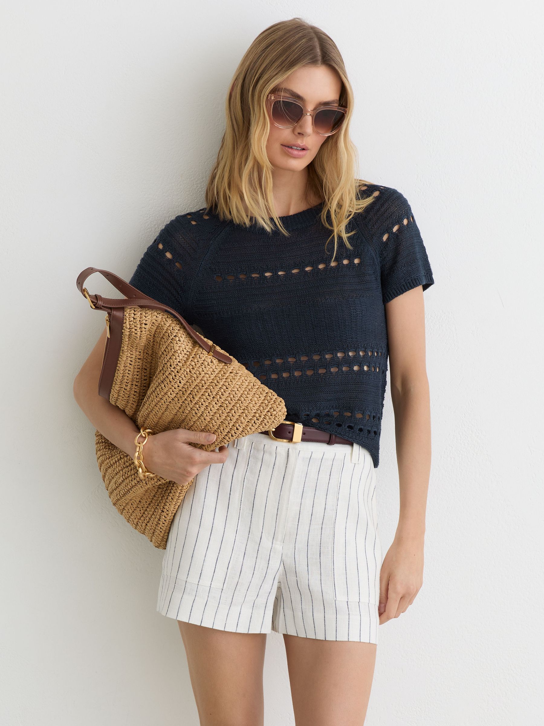 Linen Textured-Knit Top in Navy - Image 4 of 7