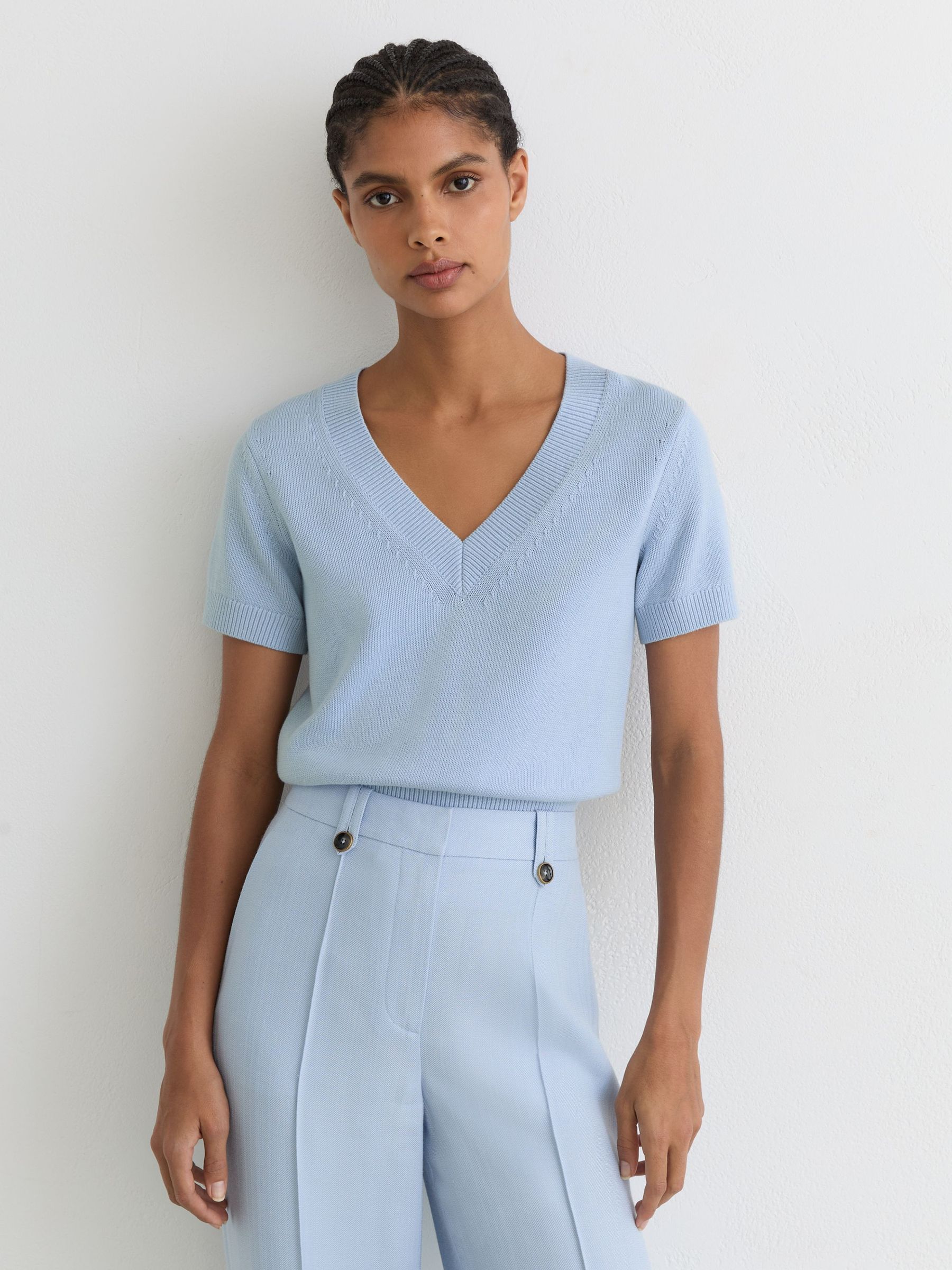 Cotton-Wool Knit V-Neck Top in Soft Blue - Image 1 of 6