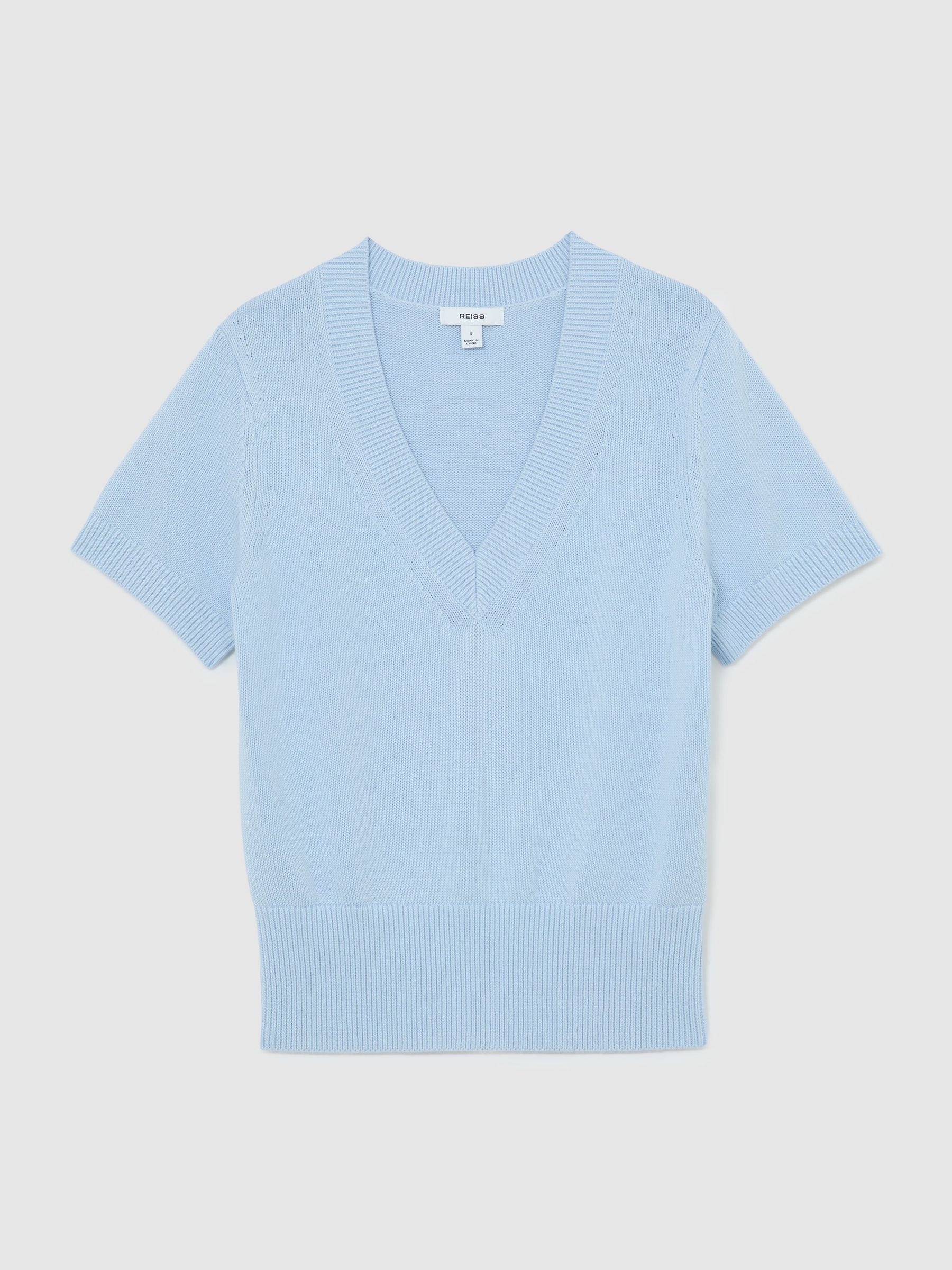 Cotton-Wool Knit V-Neck Top in Soft Blue