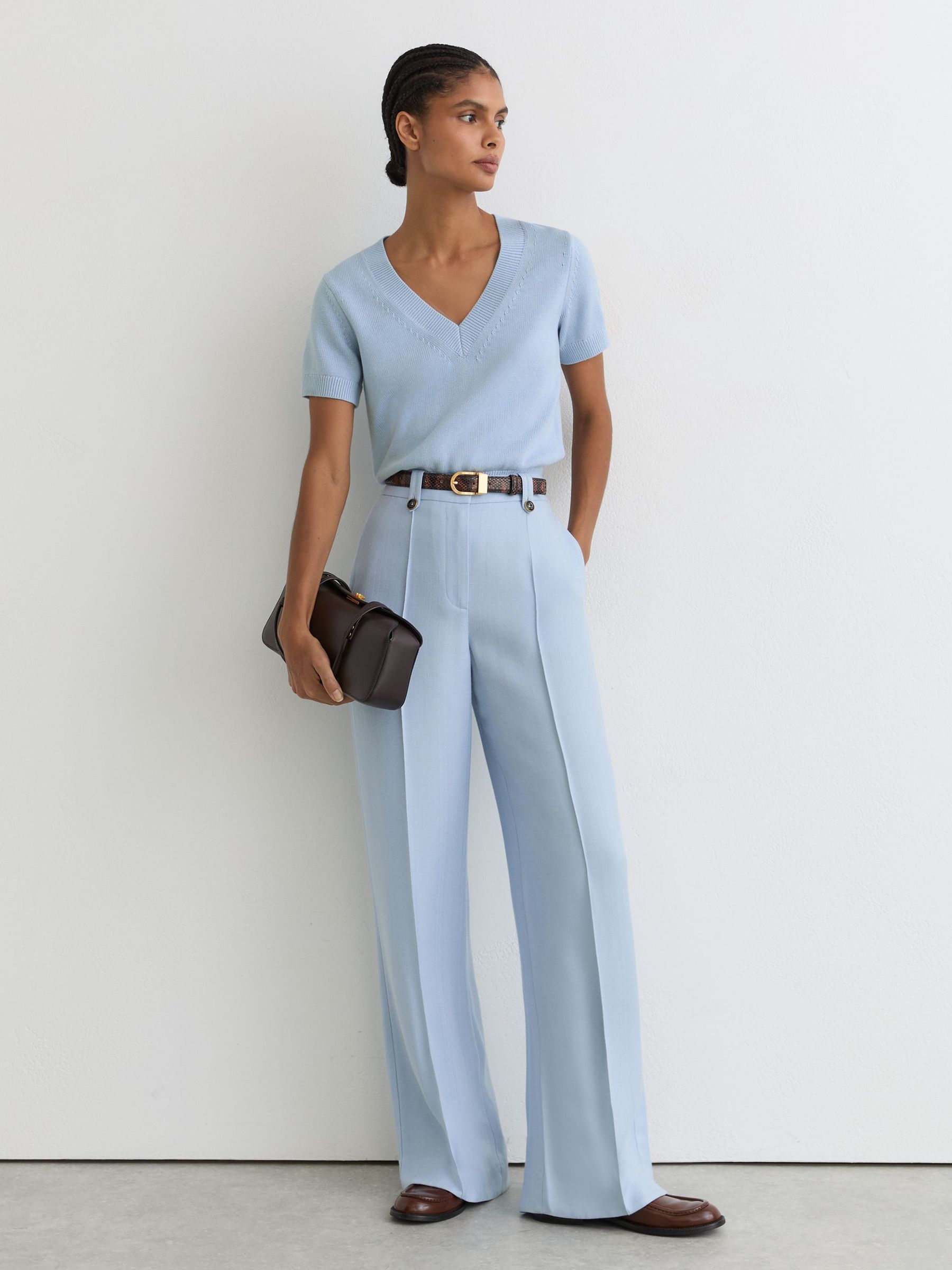 Cotton-Wool Knit V-Neck Top in Soft Blue - image 4