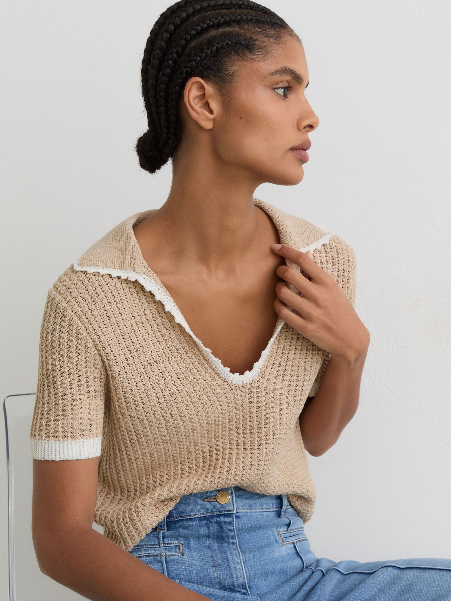 Cotton-Linen Textured-Knit Top in Neutral/White - image 2