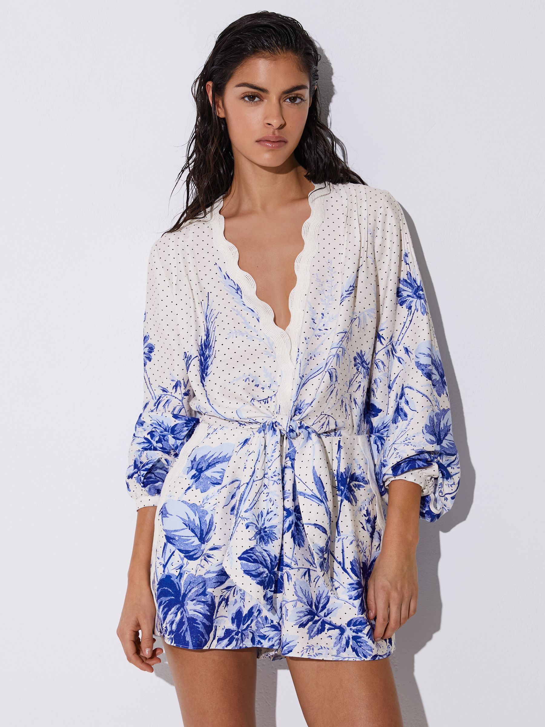 Scarf-Print Beach Cover-Up Playsuit in Blue/Ivory - Image 1 of 7