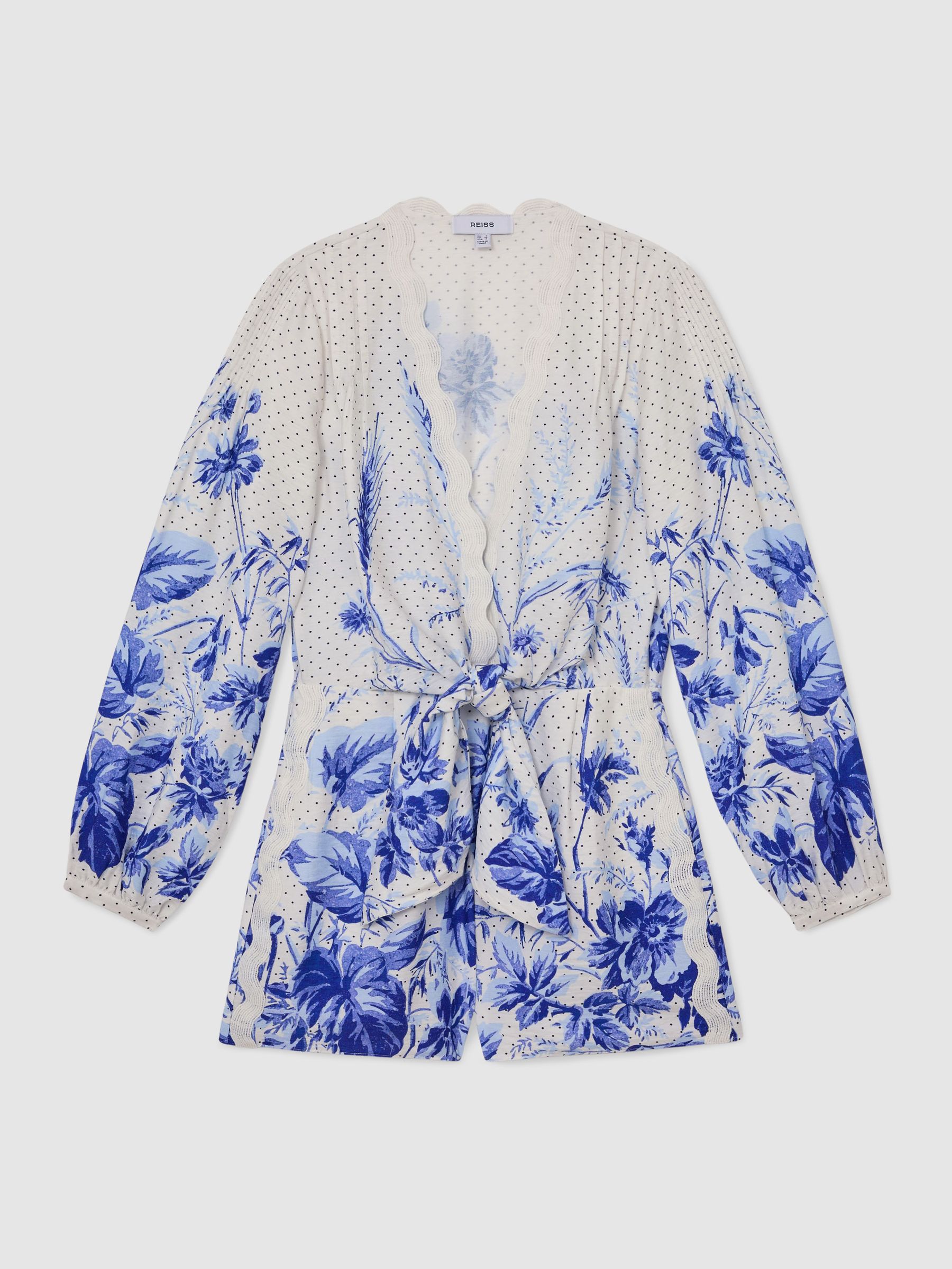 Scarf-Print Beach Cover-Up Playsuit in Blue/Ivory - Image 2 of 7