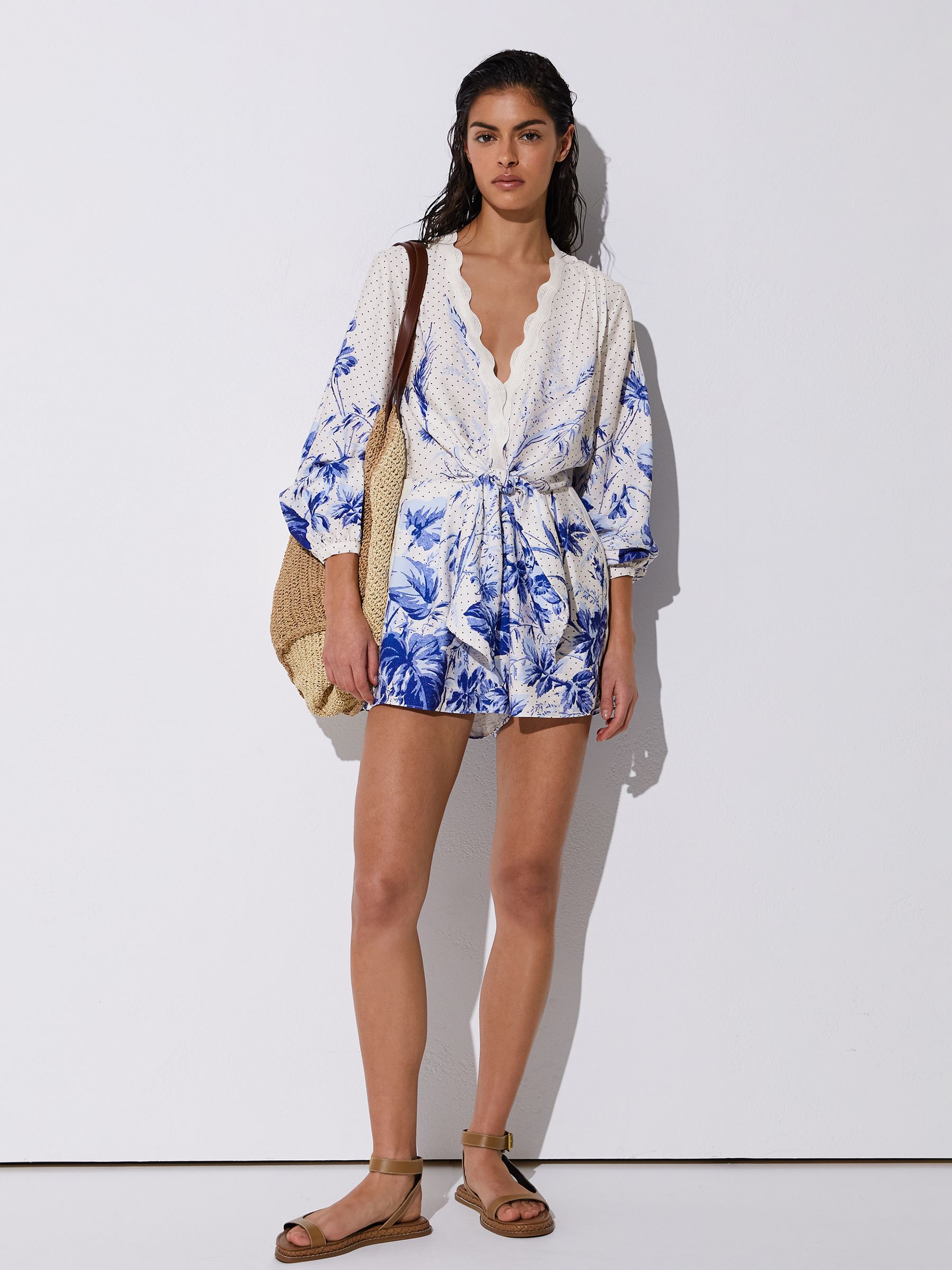 Scarf-Print Beach Cover-Up Playsuit in Blue/Ivory - Image 3 of 7