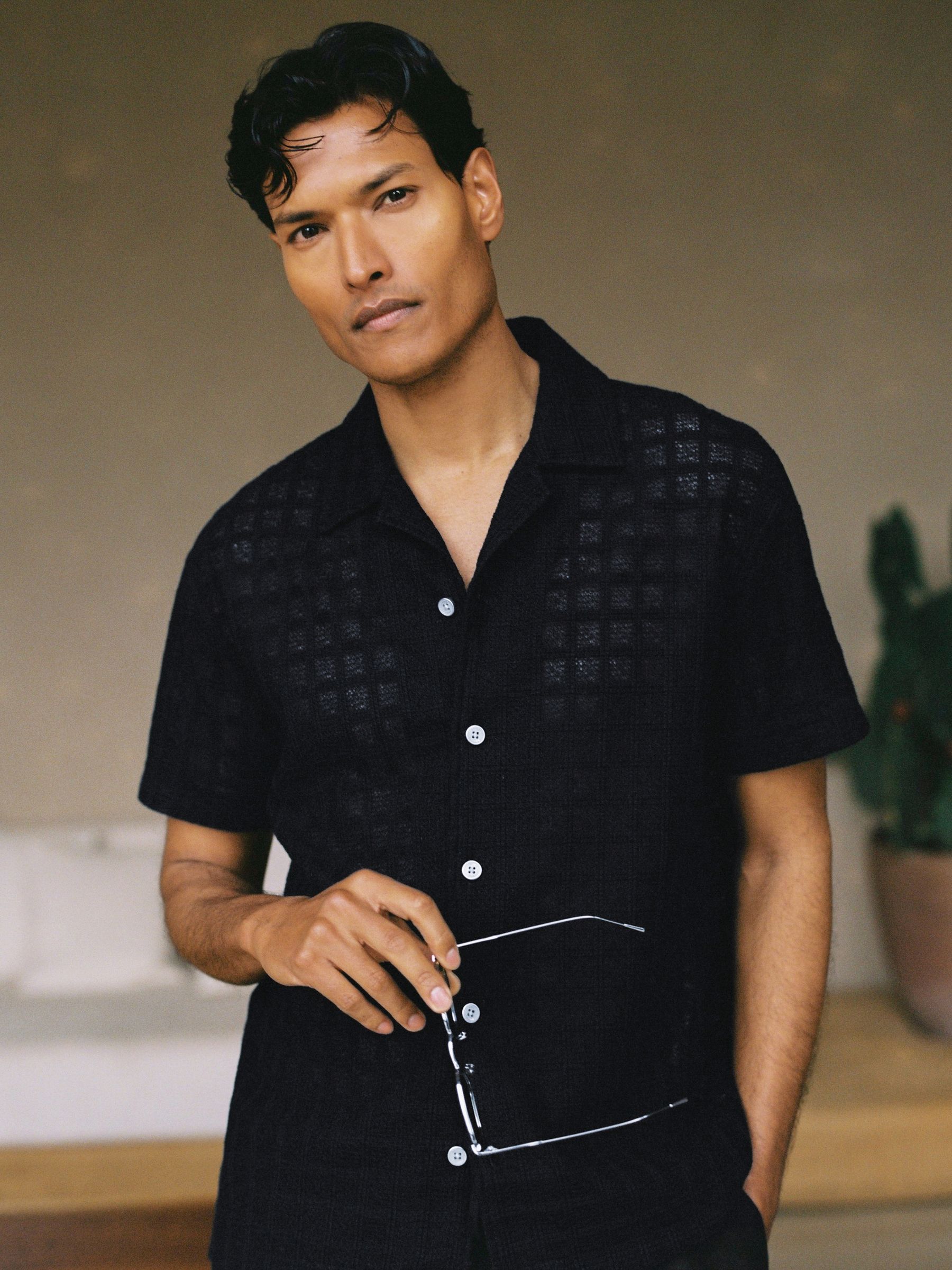 Cotton-Blend Crochet Tile-Pattern Shirt in Navy - image 3