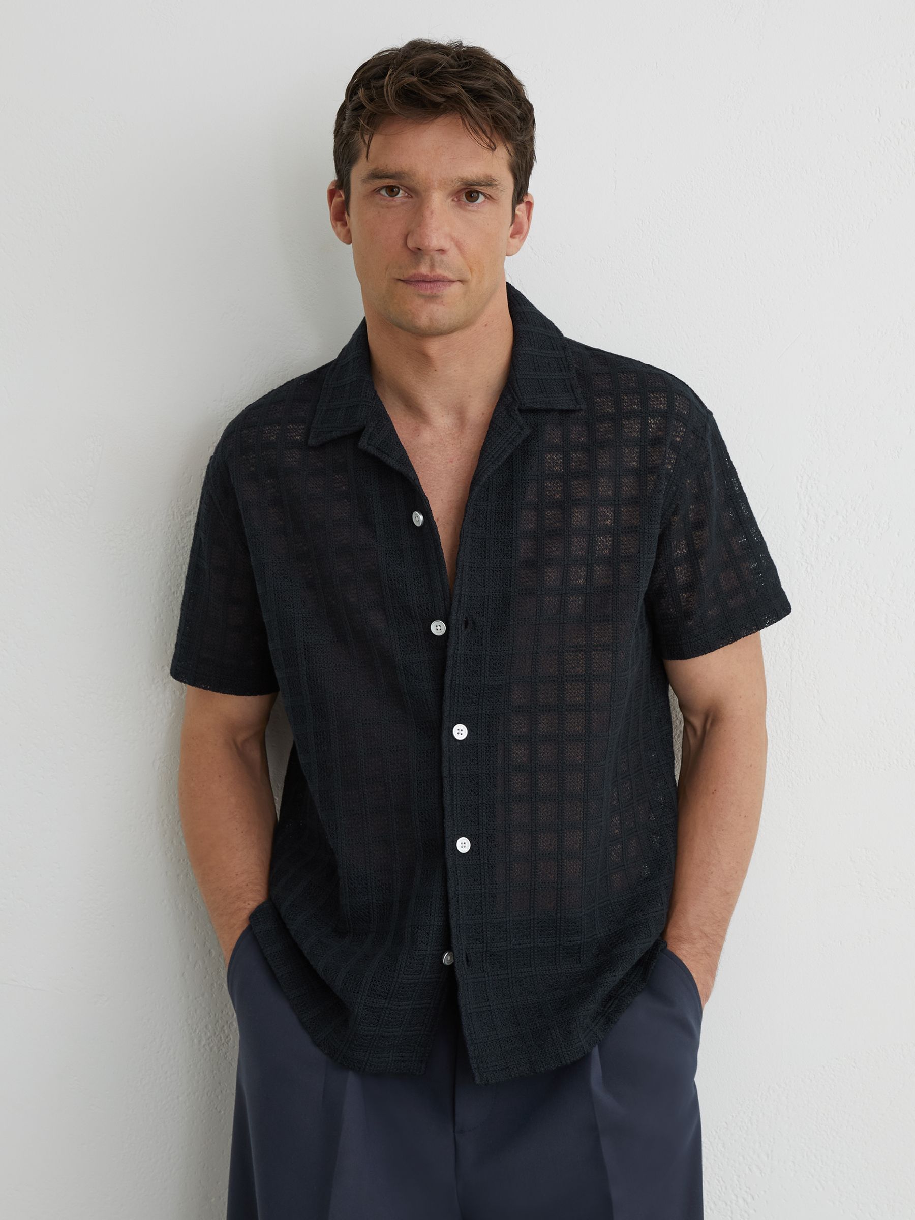 Cotton-Blend Crochet Tile-Pattern Shirt in Navy - Image 1 of 6