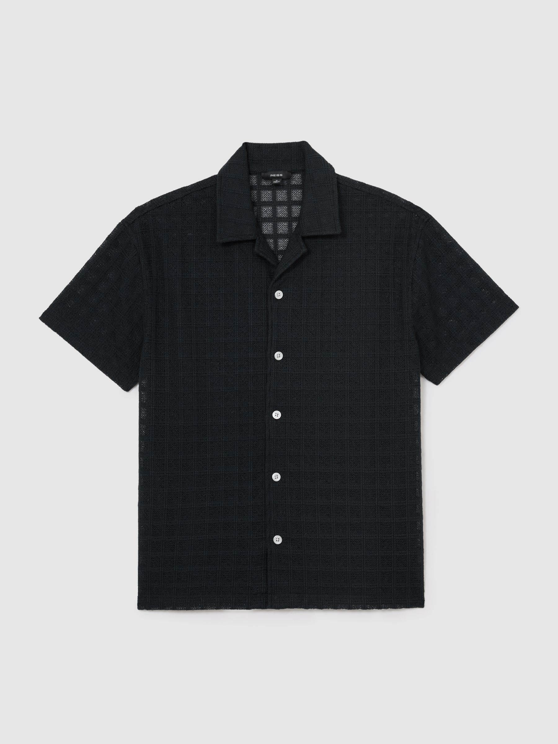 Cotton-Blend Crochet Tile-Pattern Shirt in Navy - image 1