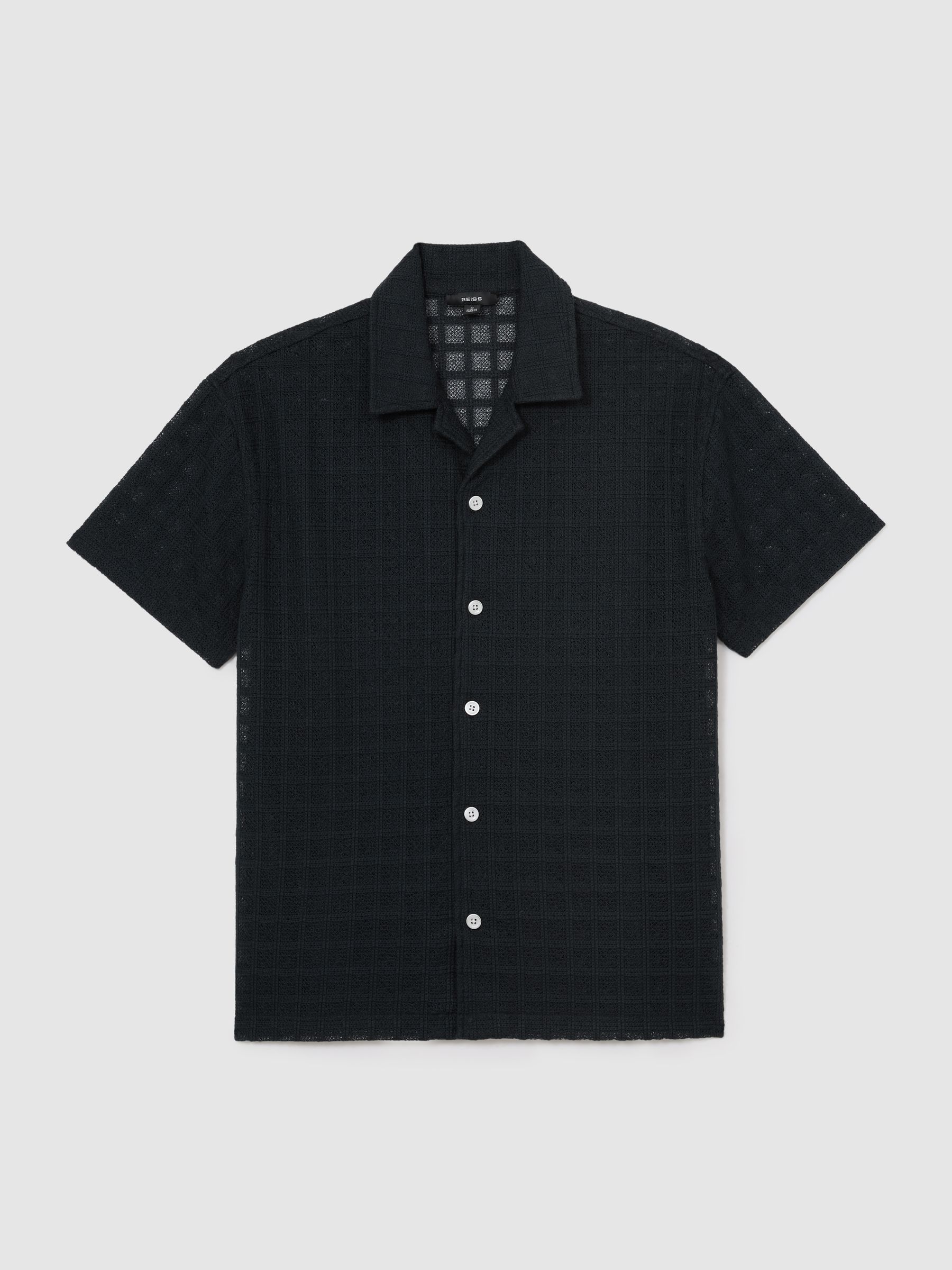 Cotton-Blend Crochet Tile-Pattern Shirt in Navy - Image 2 of 6