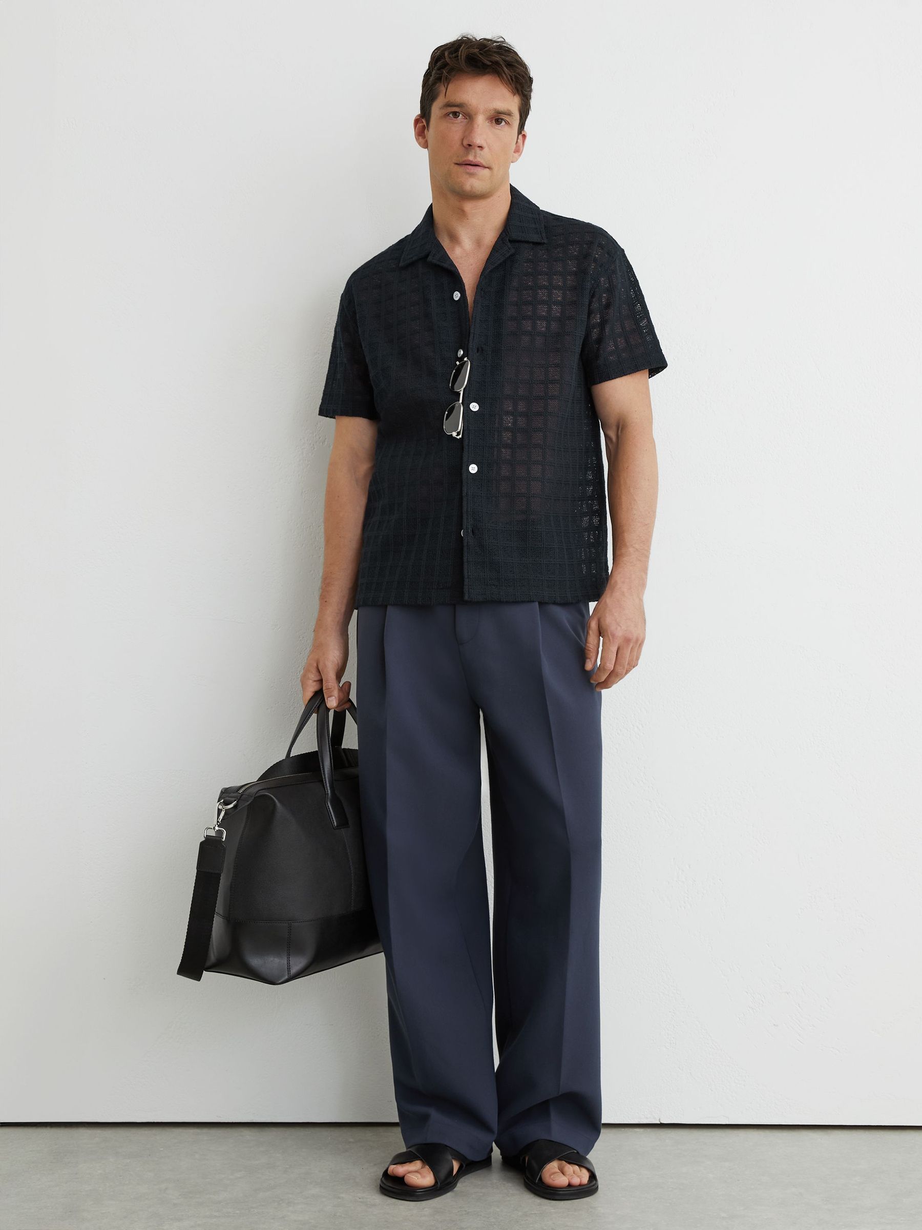Cotton-Blend Crochet Tile-Pattern Shirt in Navy - image 5