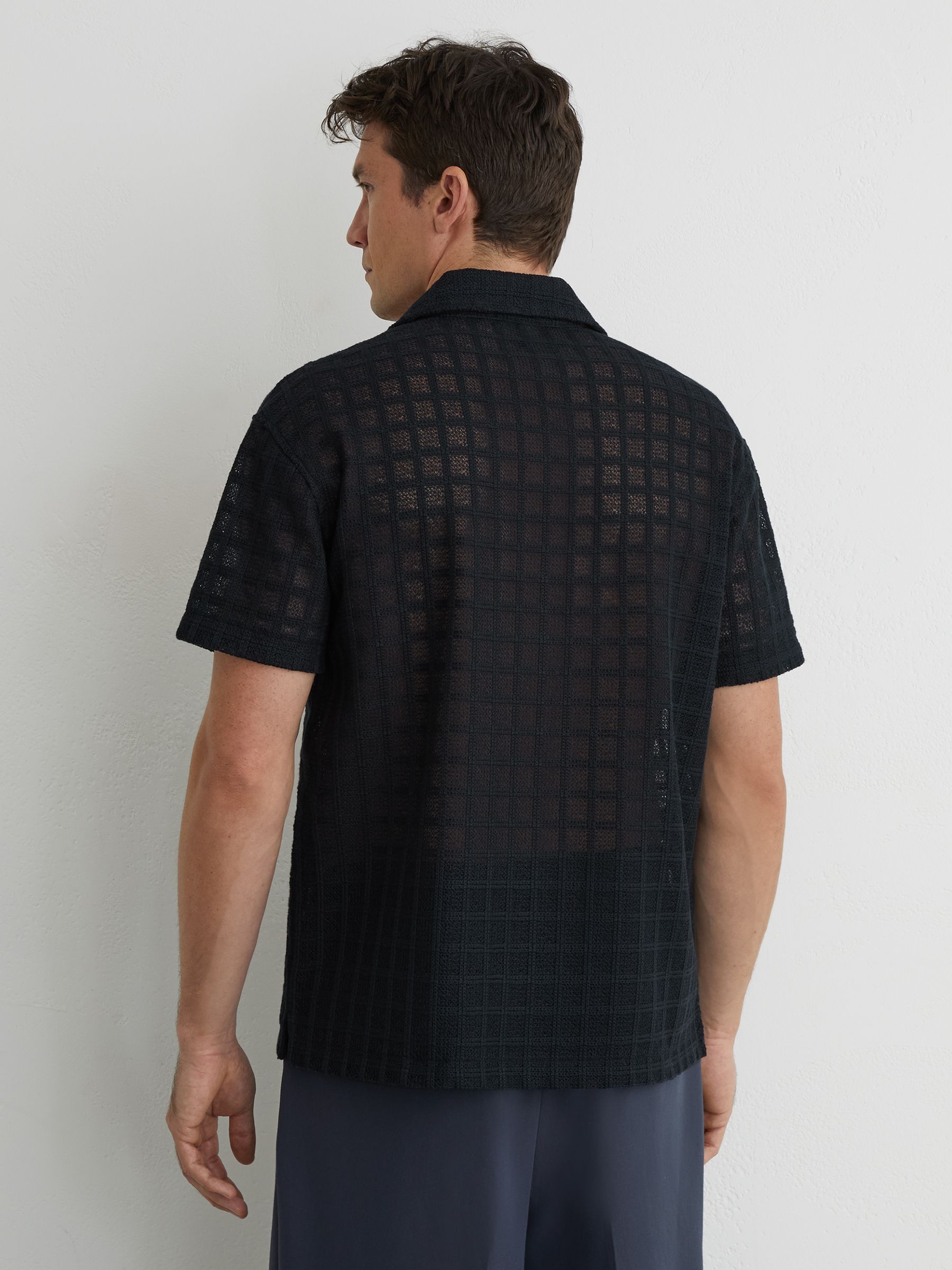 Cotton-Blend Crochet Tile-Pattern Shirt in Navy - Image 5 of 6