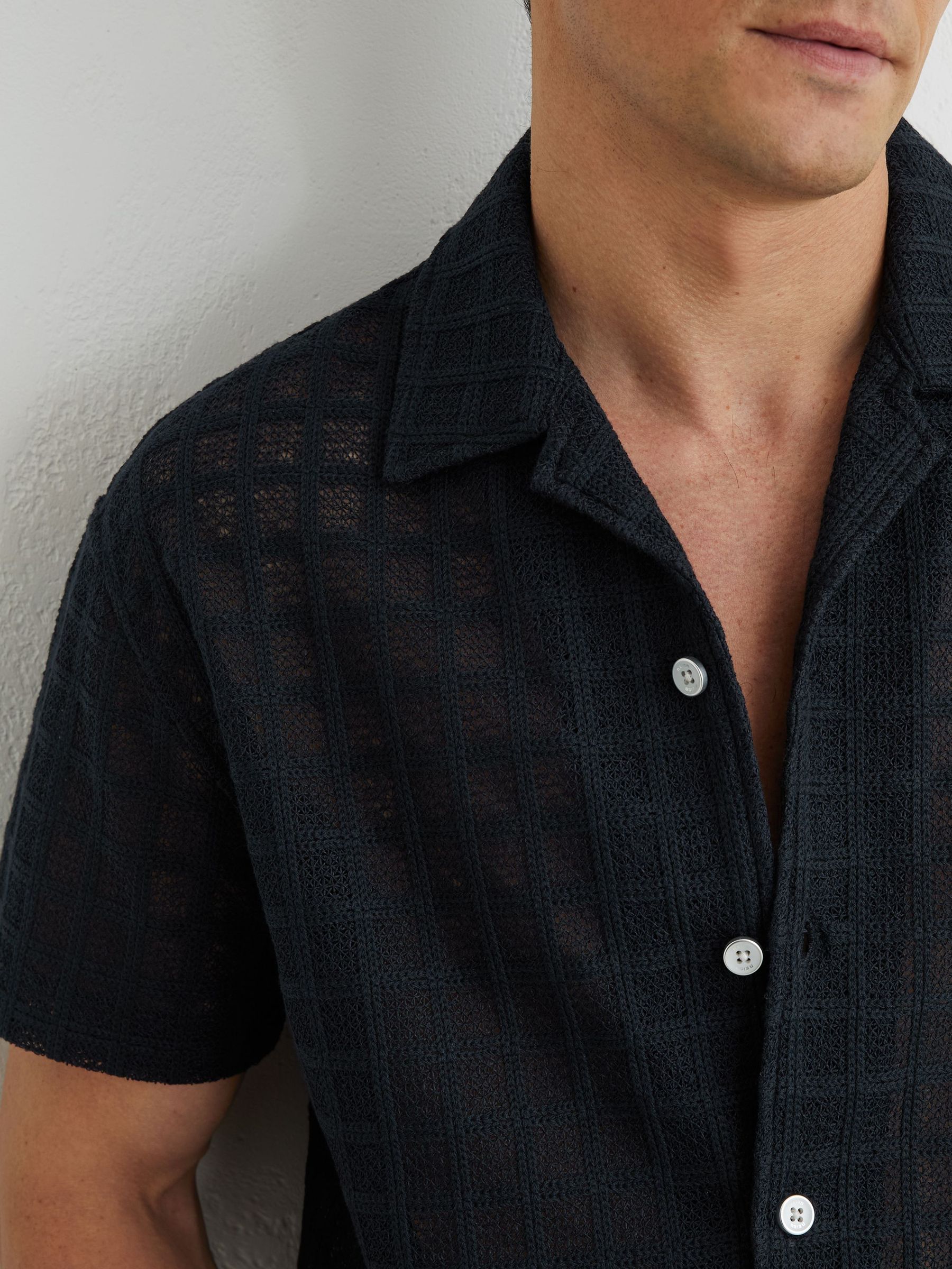 Cotton-Blend Crochet Tile-Pattern Shirt in Navy - image 4