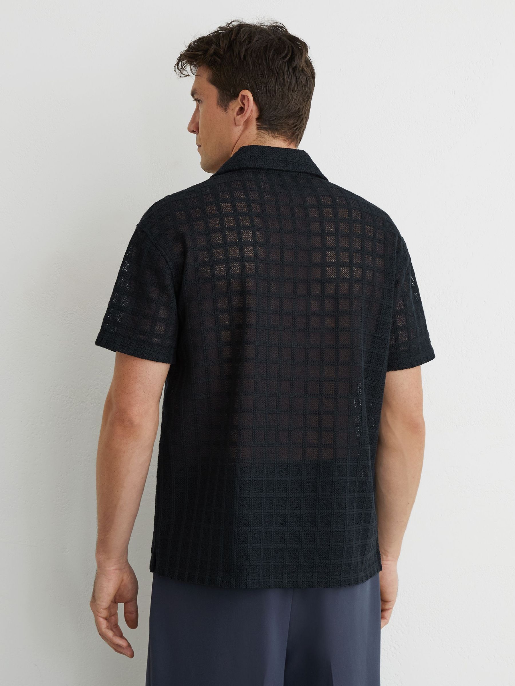 Cotton-Blend Crochet Tile-Pattern Shirt in Navy - Image 7 of 8