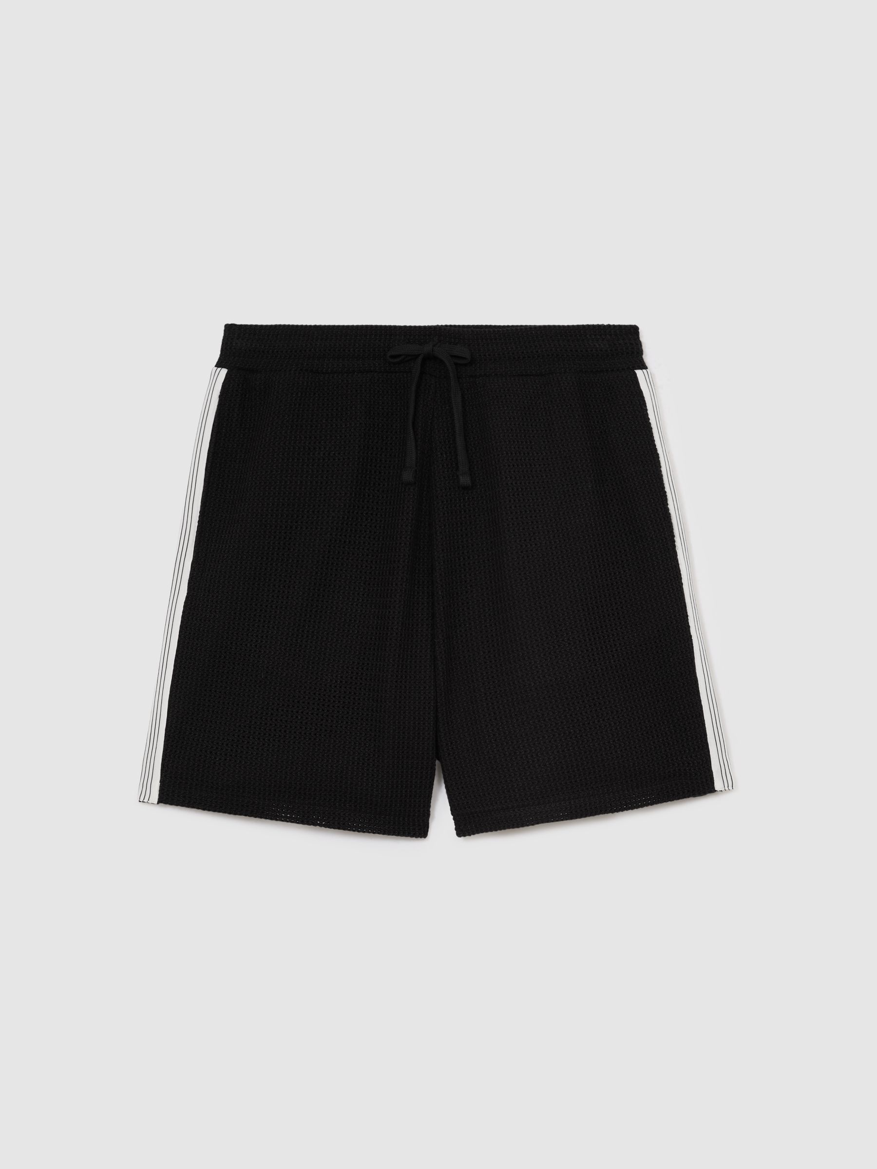 Cotton-Blend Side-Tape Crochet Shorts in Black