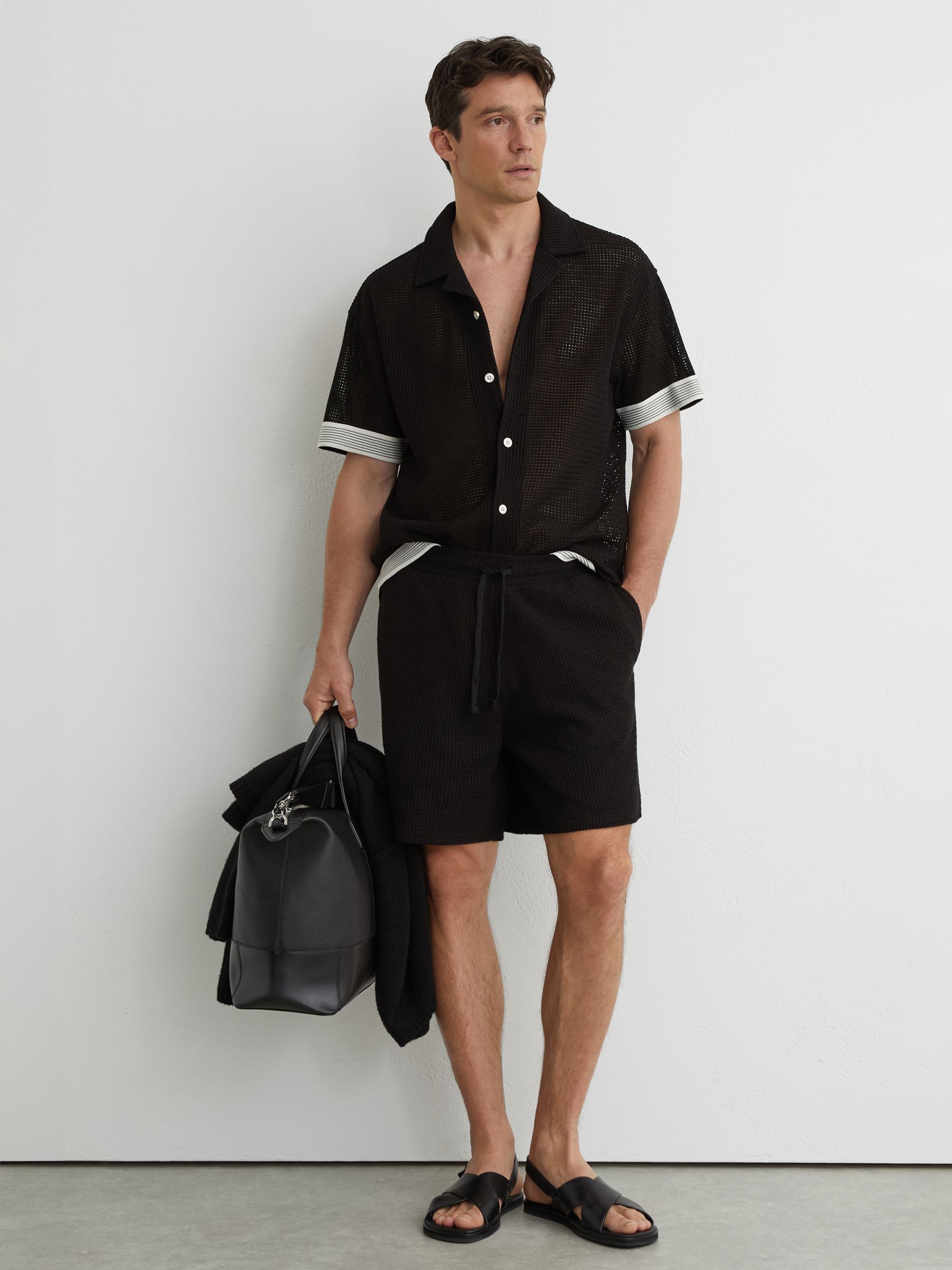 Cotton-Blend Side-Tape Crochet Shorts in Black - Image 3 of 3