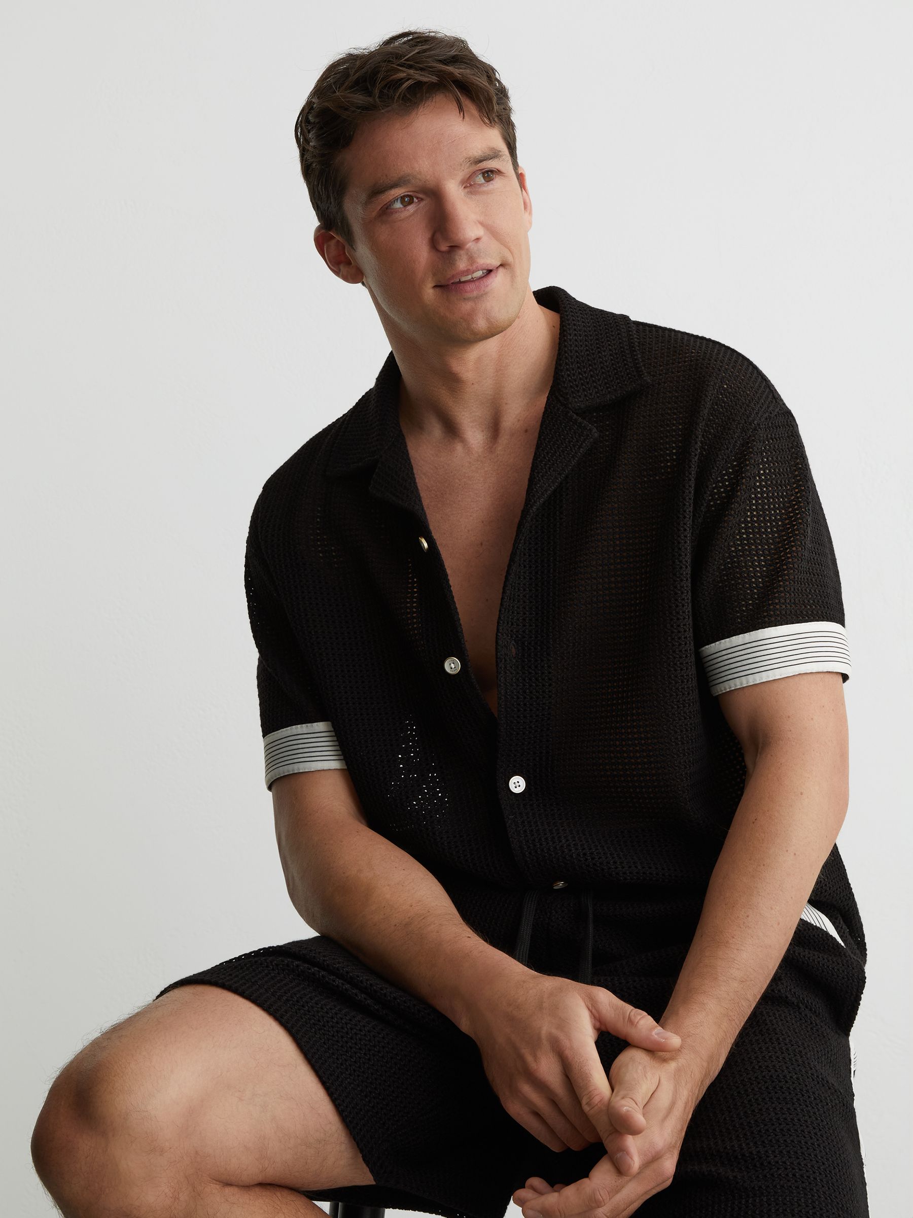 Cotton-Blend Tape-Trim Crochet Shirt in Black - image 2