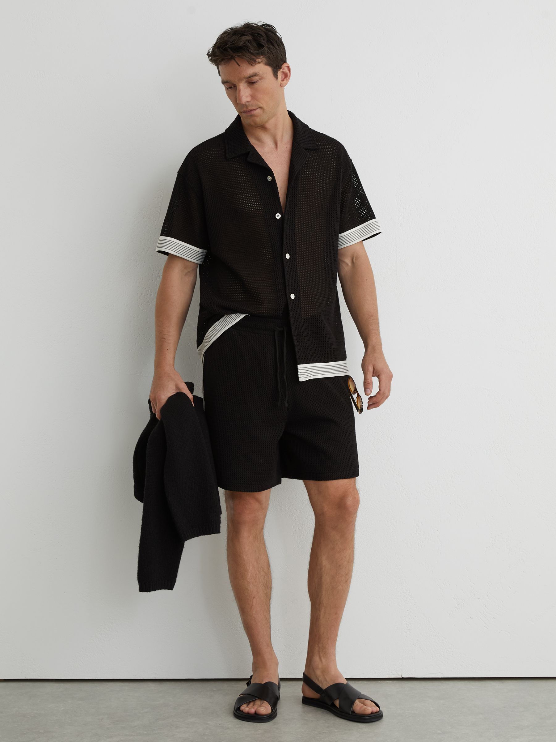 Cotton-Blend Tape-Trim Crochet Shirt in Black - image 3