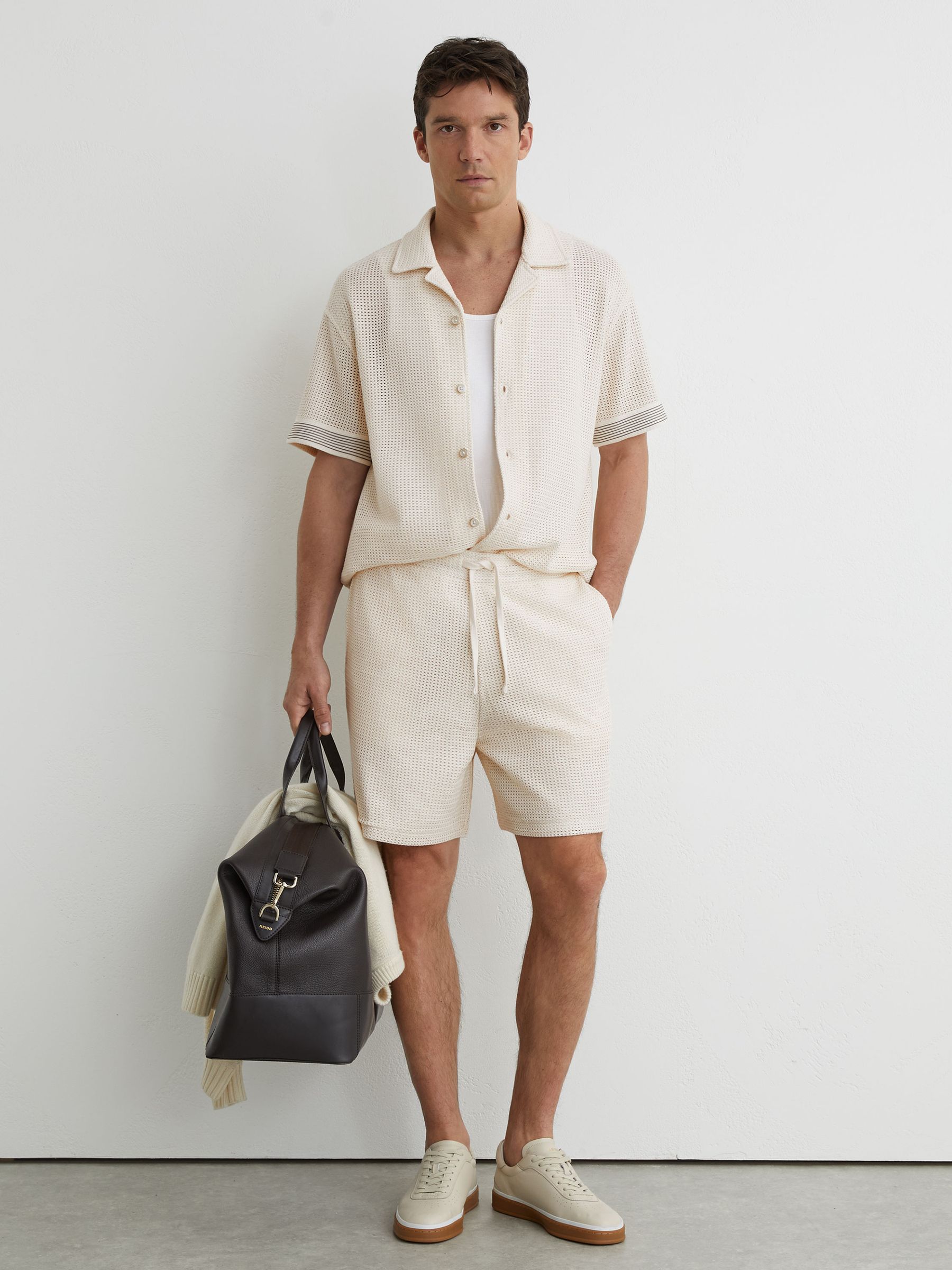 Cotton-Blend Side-Tape Crochet Shorts in Off White - Image 1 of 6