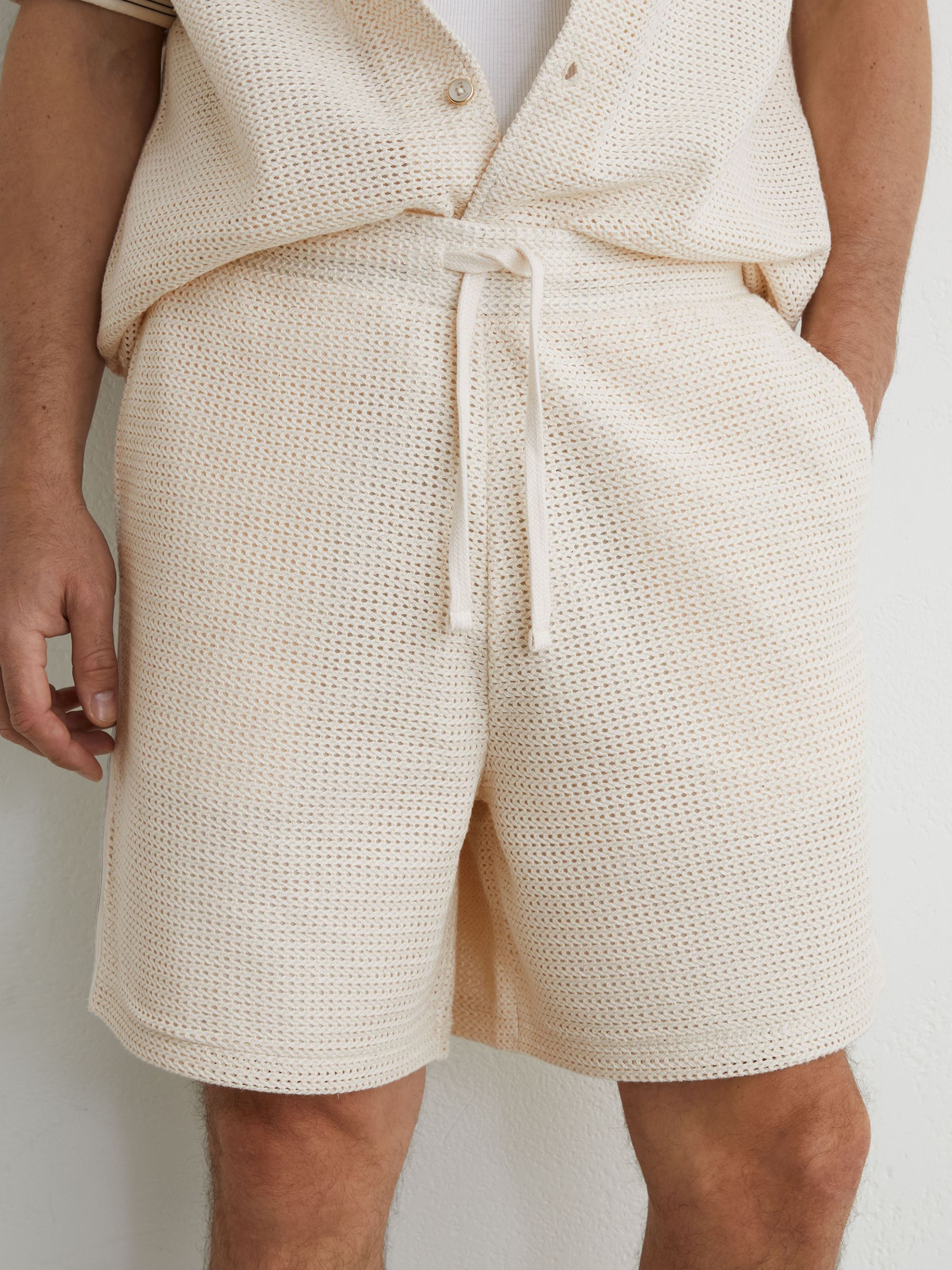 Cotton-Blend Side-Tape Crochet Shorts in Off White - image 5