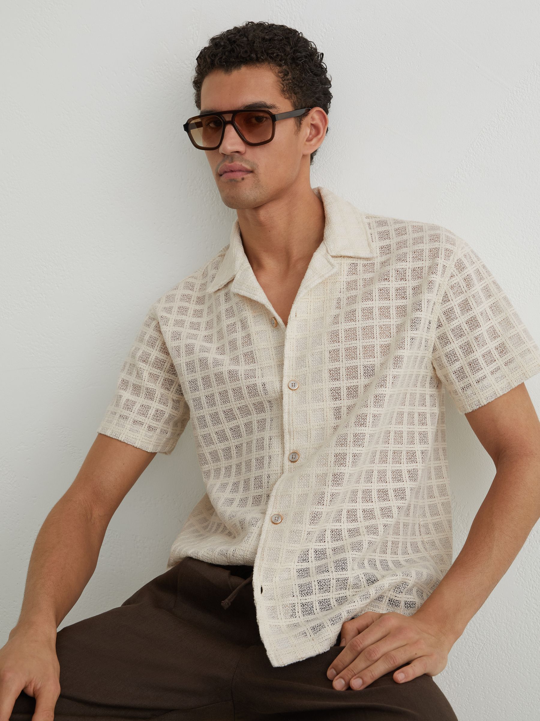 Cotton-Blend Crochet Tile-Pattern Shirt in Off White - Image 1 of 7