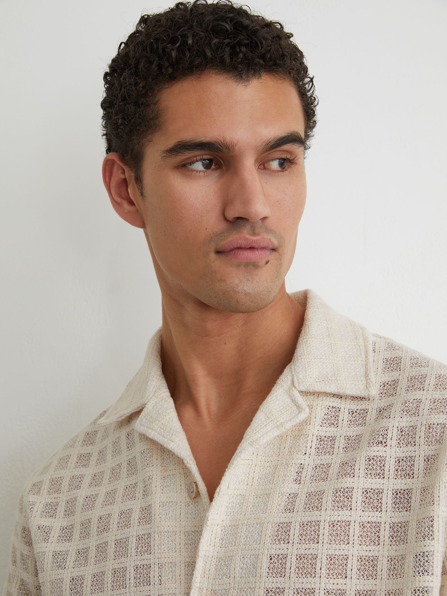 Cotton-Blend Crochet Tile-Pattern Shirt in Off White - Image 4 of 7