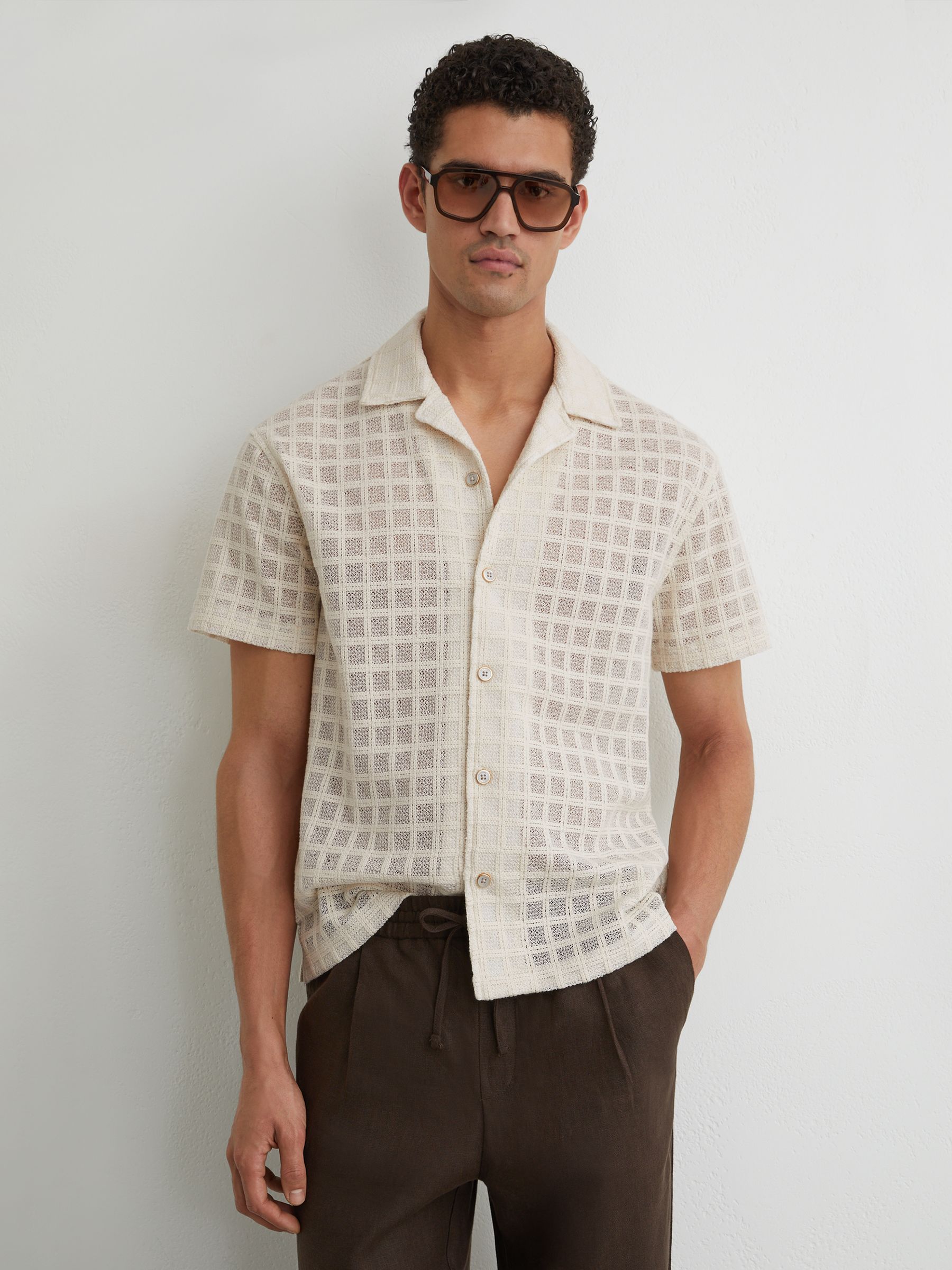 Cotton-Blend Crochet Tile-Pattern Shirt in Off White - image 5