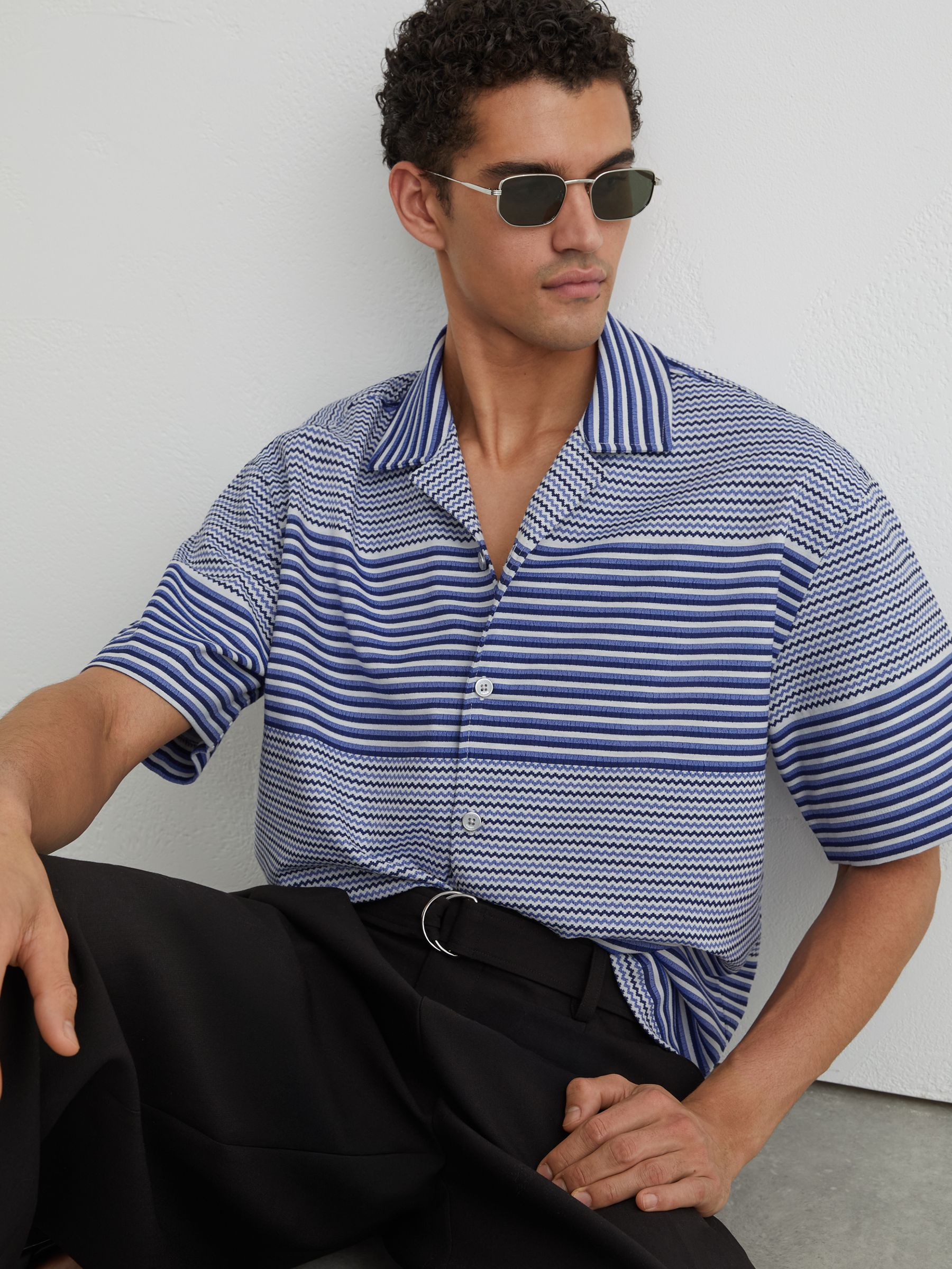 Striped Cuban-Collar Shirt with Cotton in Bright Blue - Image 1 of 7