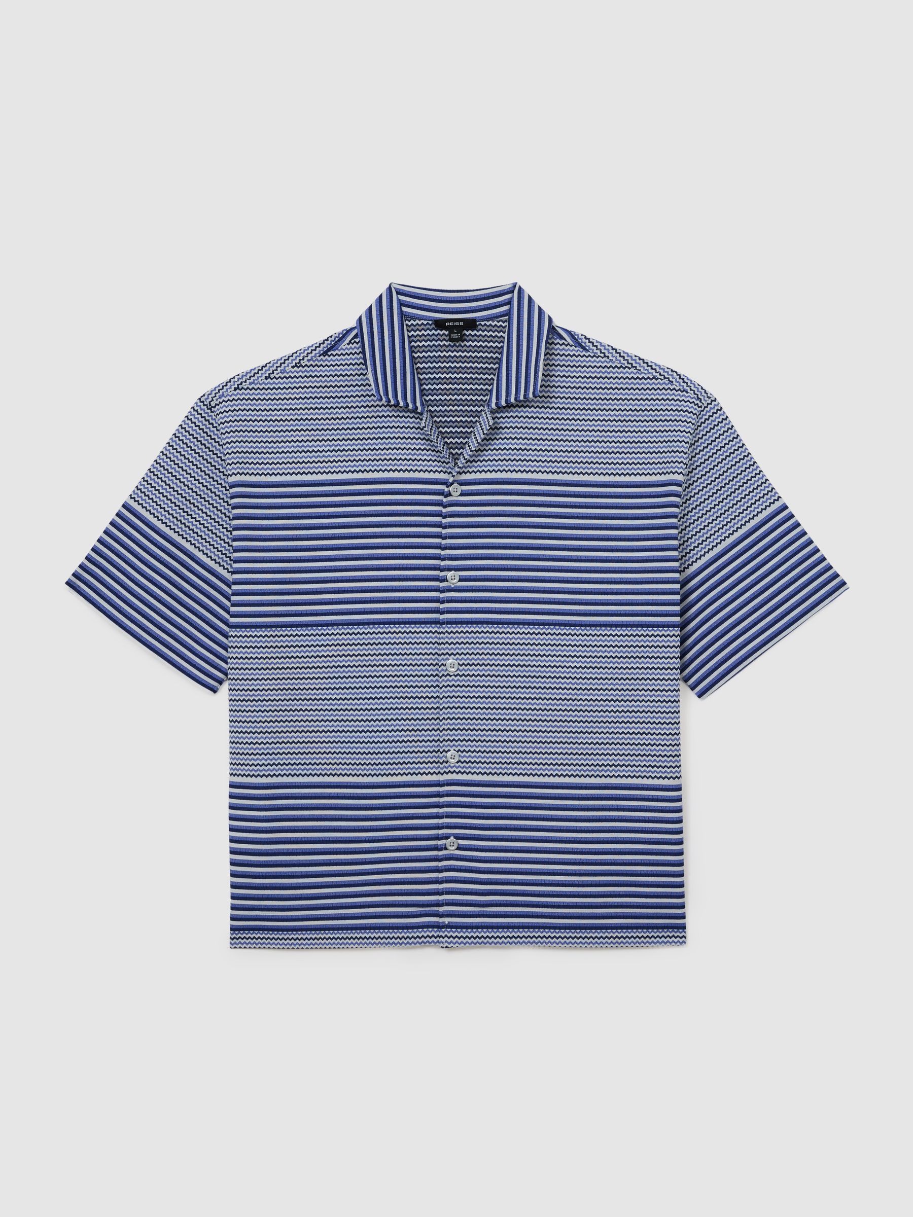 Striped Cuban-Collar Shirt with Cotton in Bright Blue - Image 2 of 7