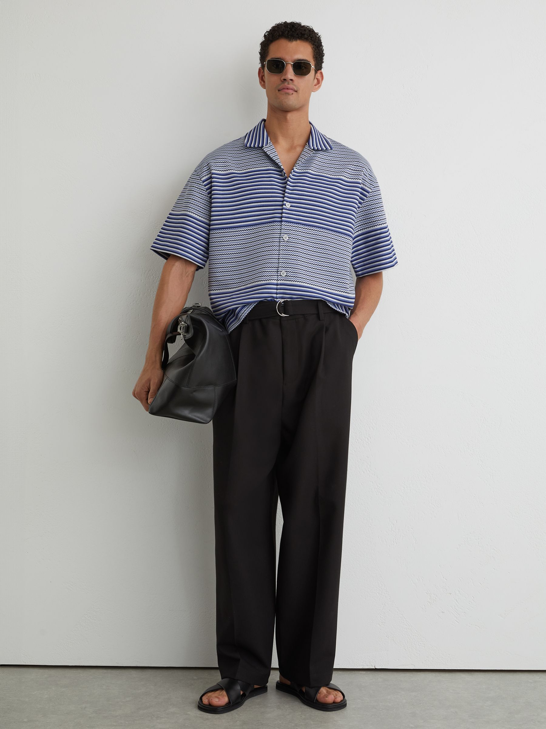 Striped Cuban-Collar Shirt with Cotton in Bright Blue - Image 3 of 7