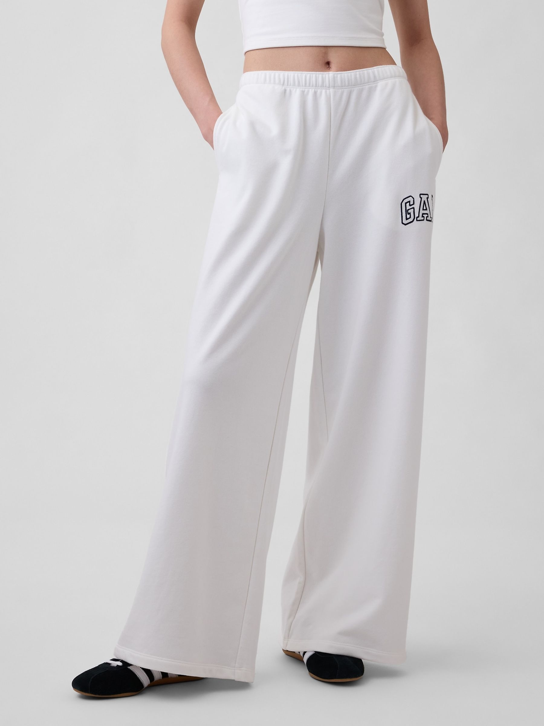 White Logo French Terry Wide Leg Joggers - Image 1 of 5 White Logo French Terry Wide Leg Joggers - Image 1 of 5
