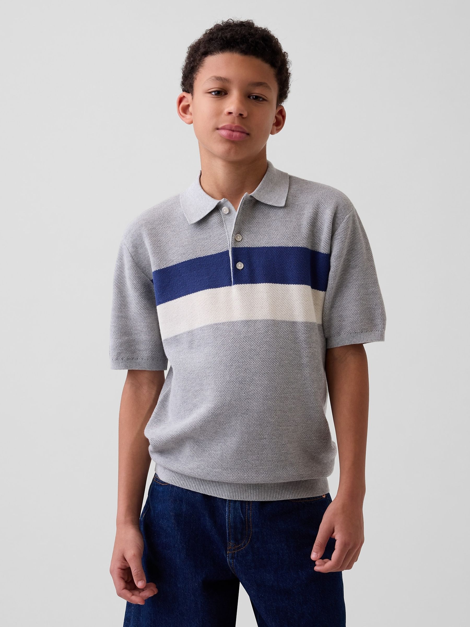 Grey Relaxed Stripe Polo Knitted Shirt - Image 1 of 3