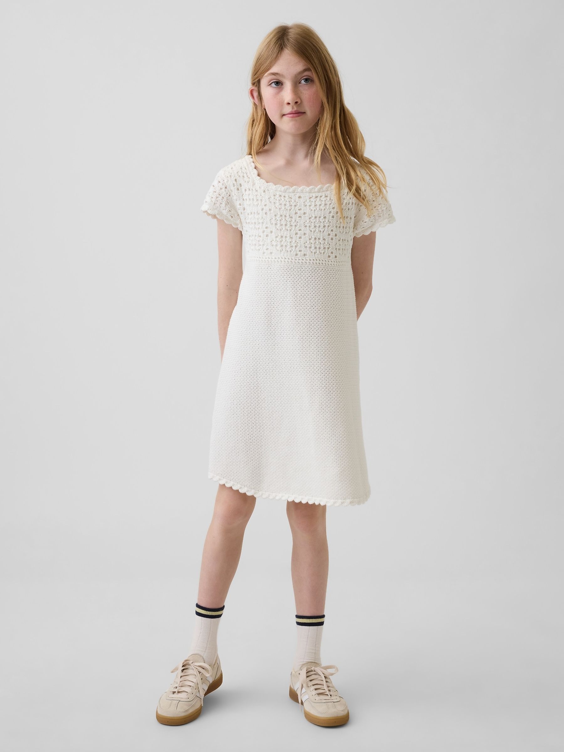 White Crochet Knit Dress (4-13yrs) - Image 1 of 4 White Crochet Knit Dress (4-13yrs) - Image 1 of 4