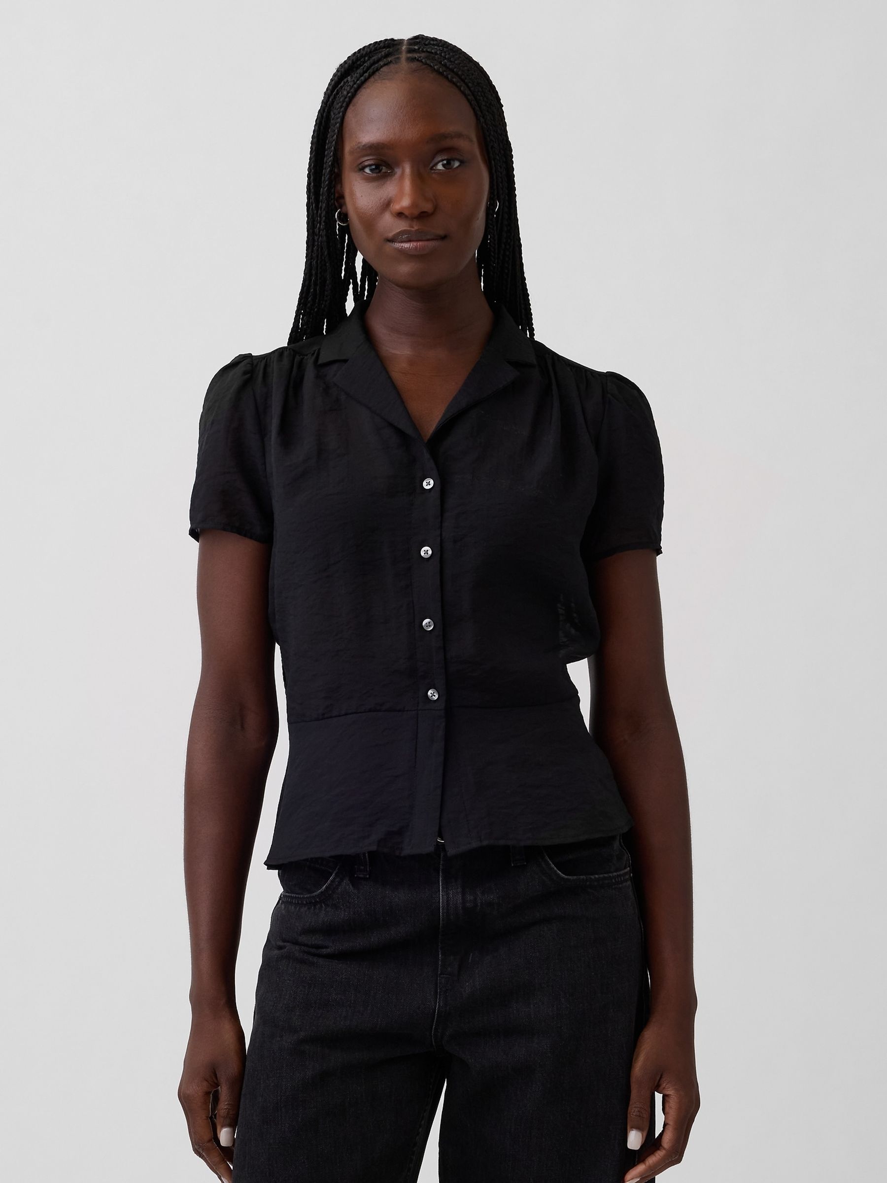 Black Sheer Button-Front Peplum Top - Image 1 of 4 Black Sheer Button-Front Peplum Top - Image 1 of 4