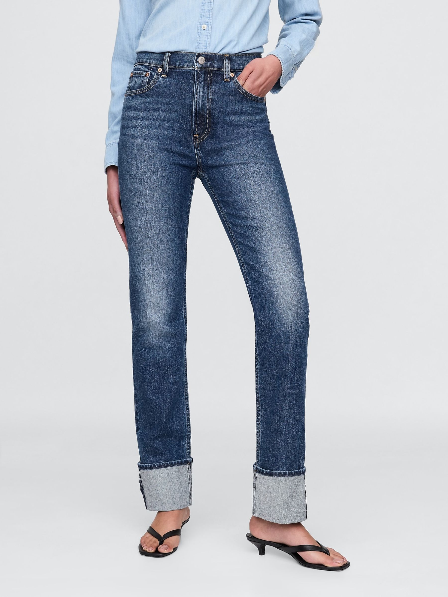 Blue High Waisted Cuffed '90s Slim Straight Jeans - Image 1 of 4