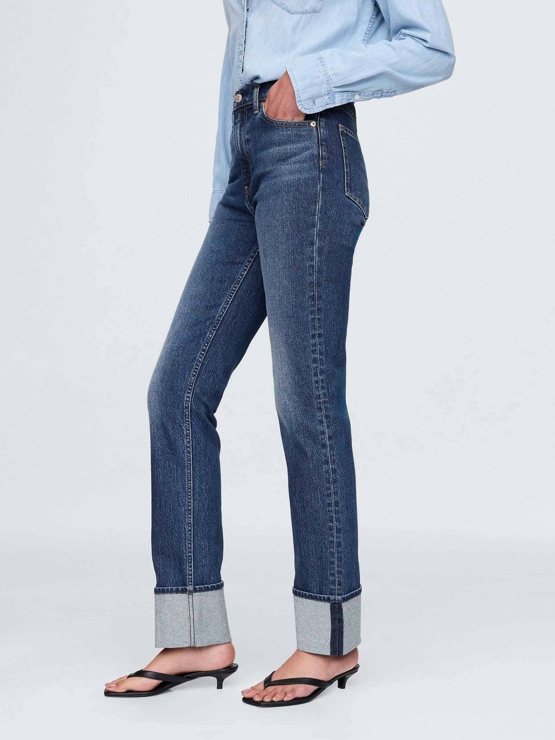 Blue High Waisted Cuffed '90s Slim Straight Jeans - Image 3 of 4