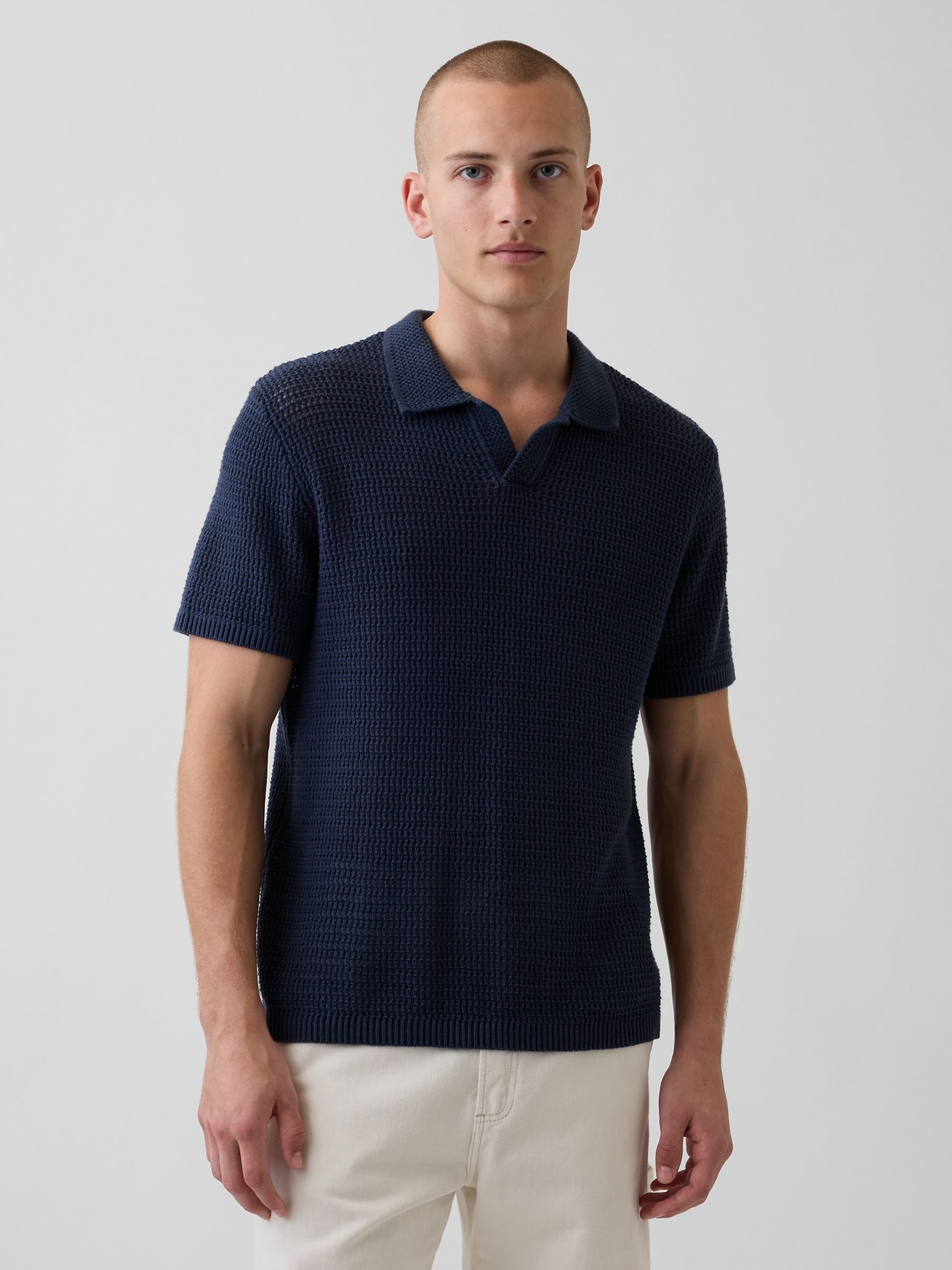 Navy Mesh Polo Jumper - Image 1 of 4 Navy Mesh Polo Jumper - Image 1 of 4