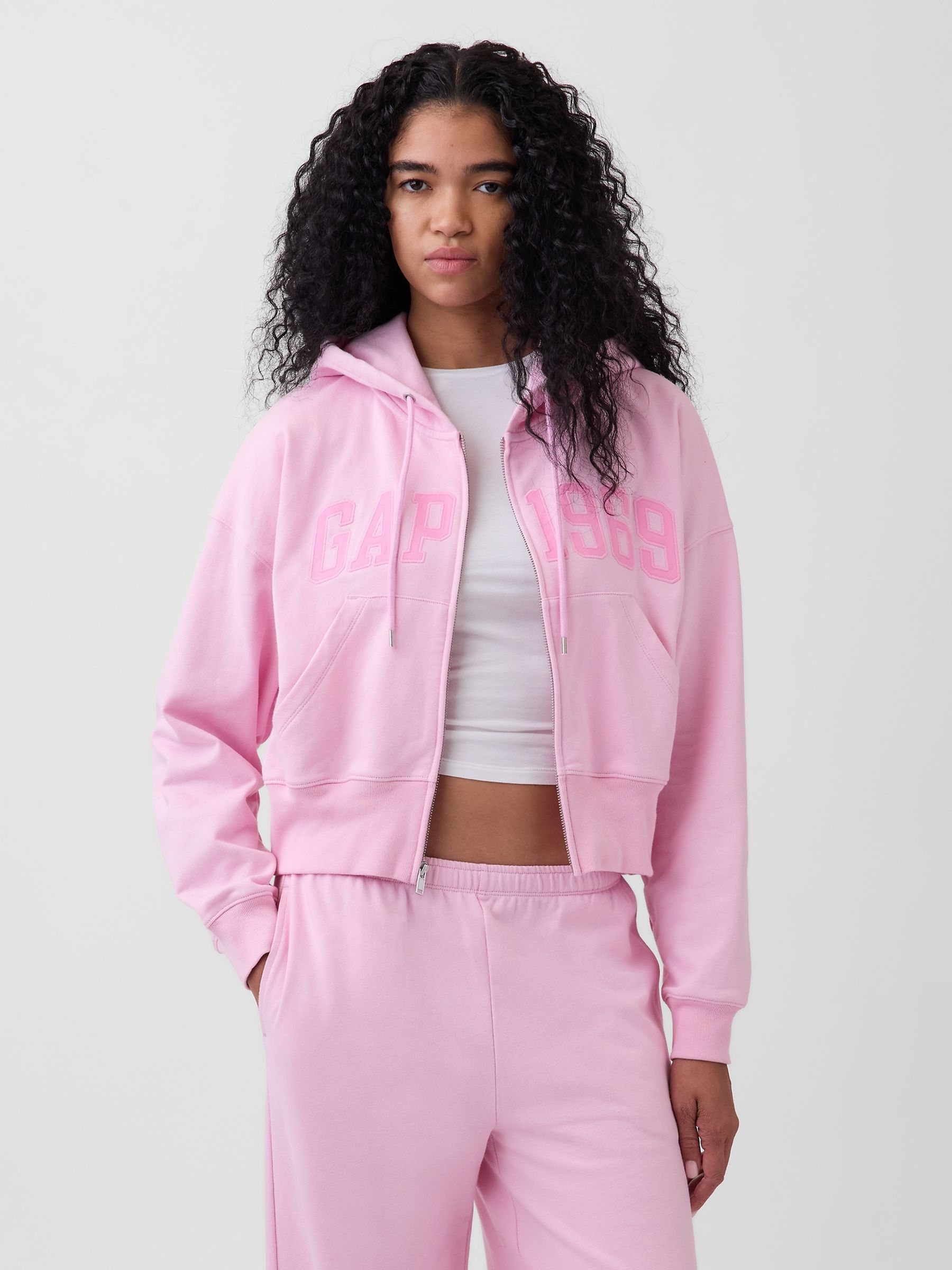 Pink French Terry Oversized 1969 Logo Zip Hoodie - Image 1 of 5