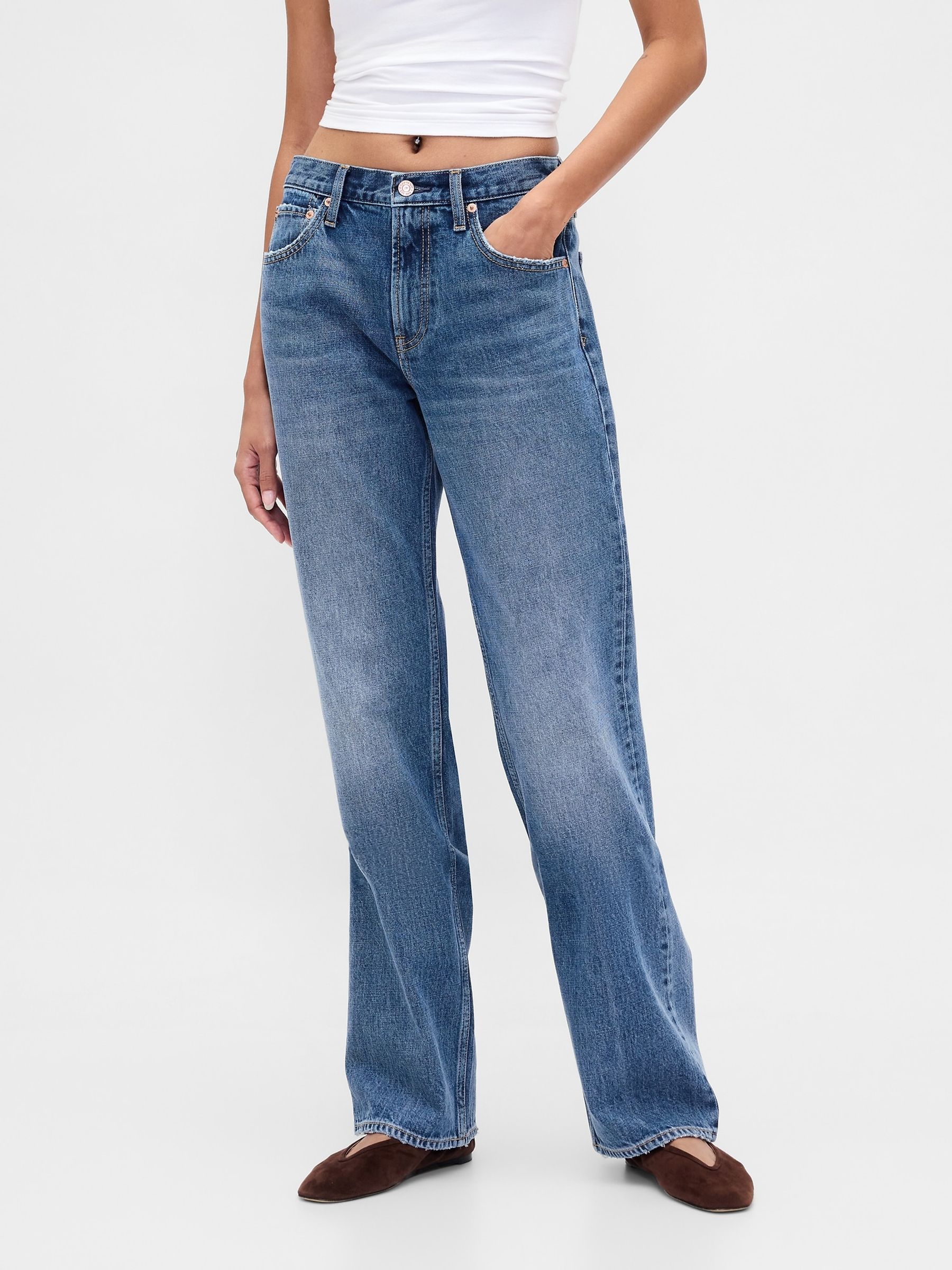 Medium Indigo Mid Rise Rigid Relaxed Straight Jeans - Image 1 of 4