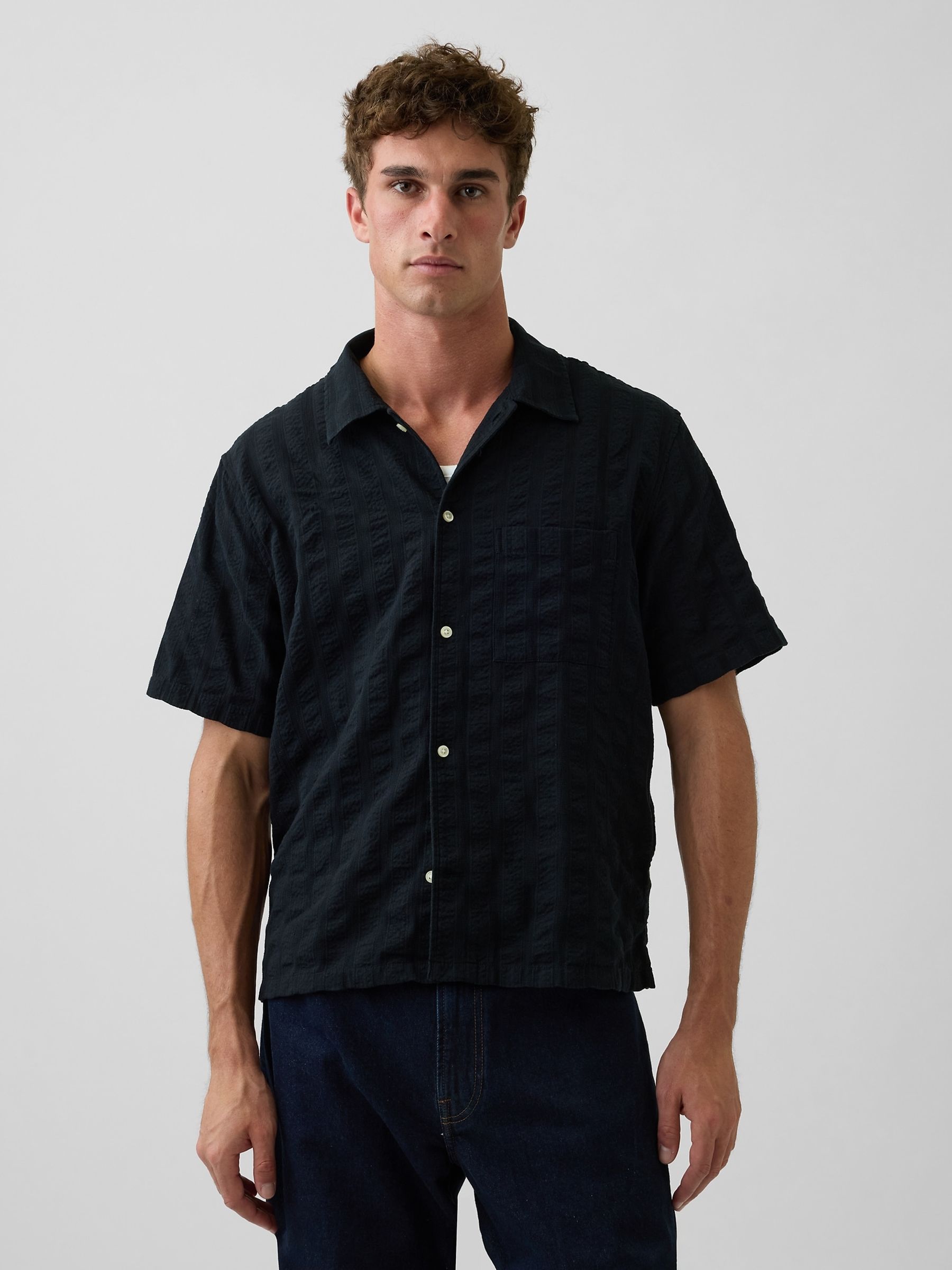 Black Dobby Relaxed Straight-Hem Shirt - Image 1 of 4