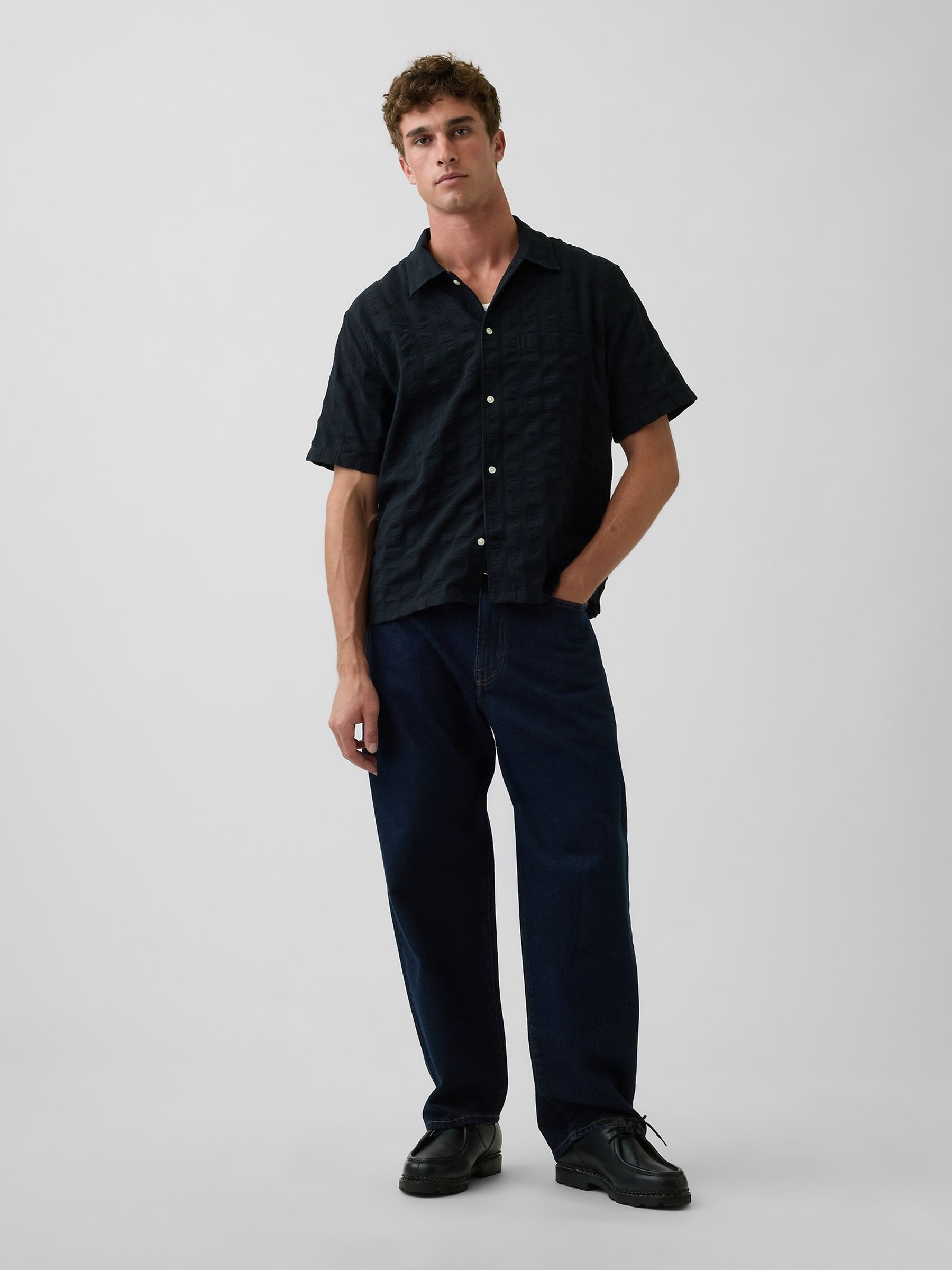 Black Dobby Relaxed Straight-Hem Shirt - Image 3 of 4