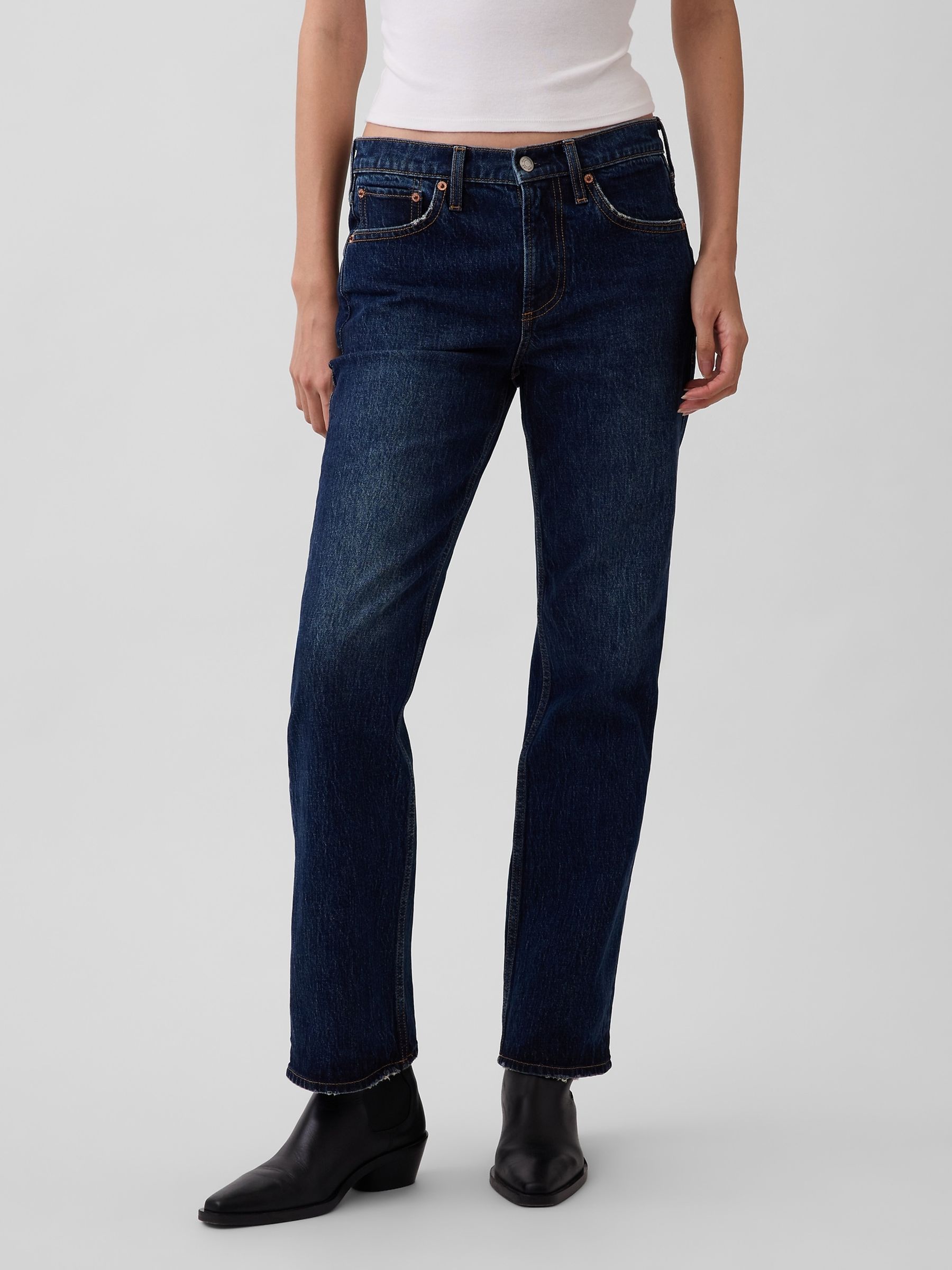 Dark Wash Mid Rise Relaxed Straight Jeans - Image 1 of 4