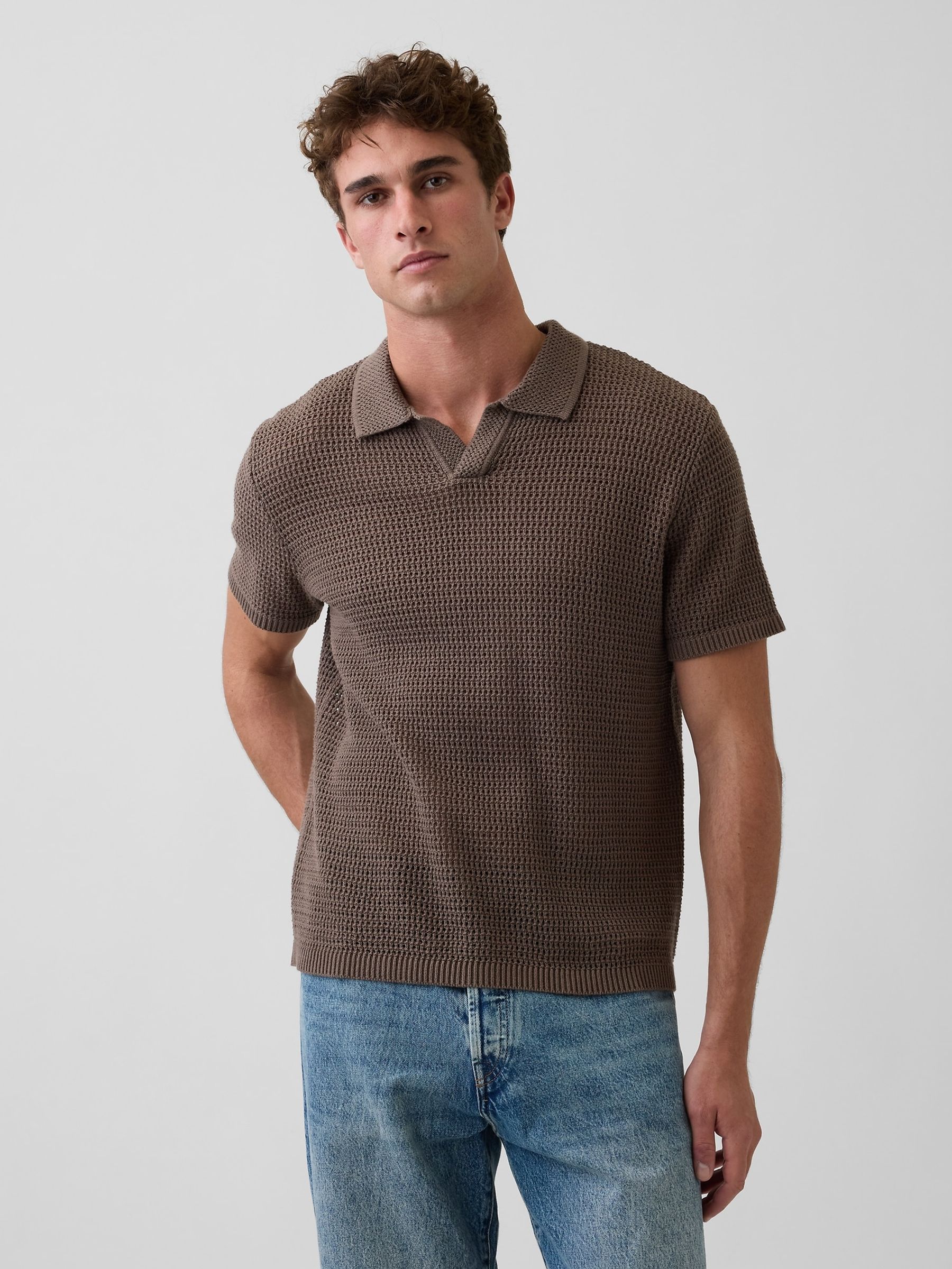 Brown Mesh Polo Jumper - Image 1 of 5