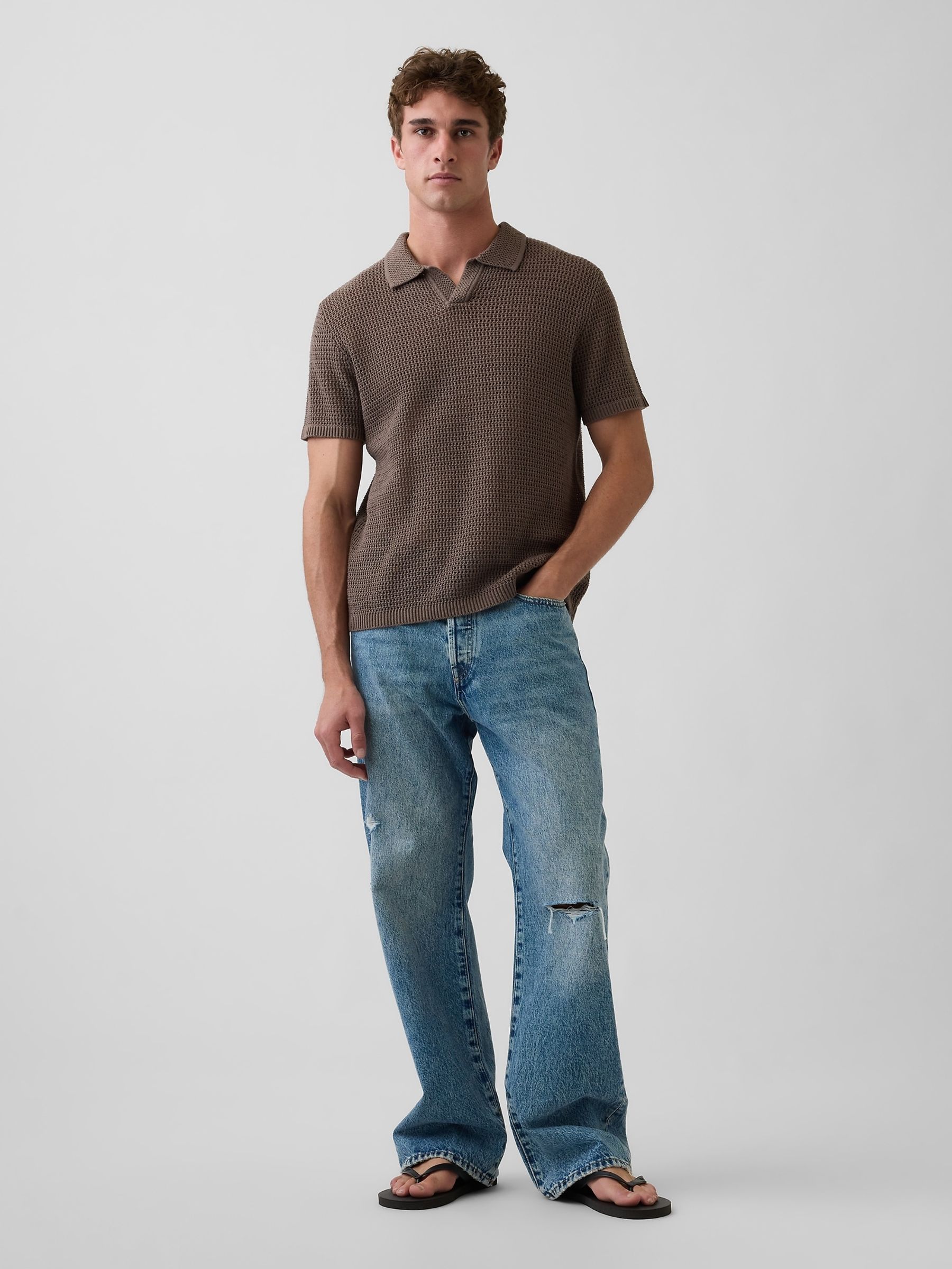 Brown Mesh Polo Jumper - Image 3 of 5