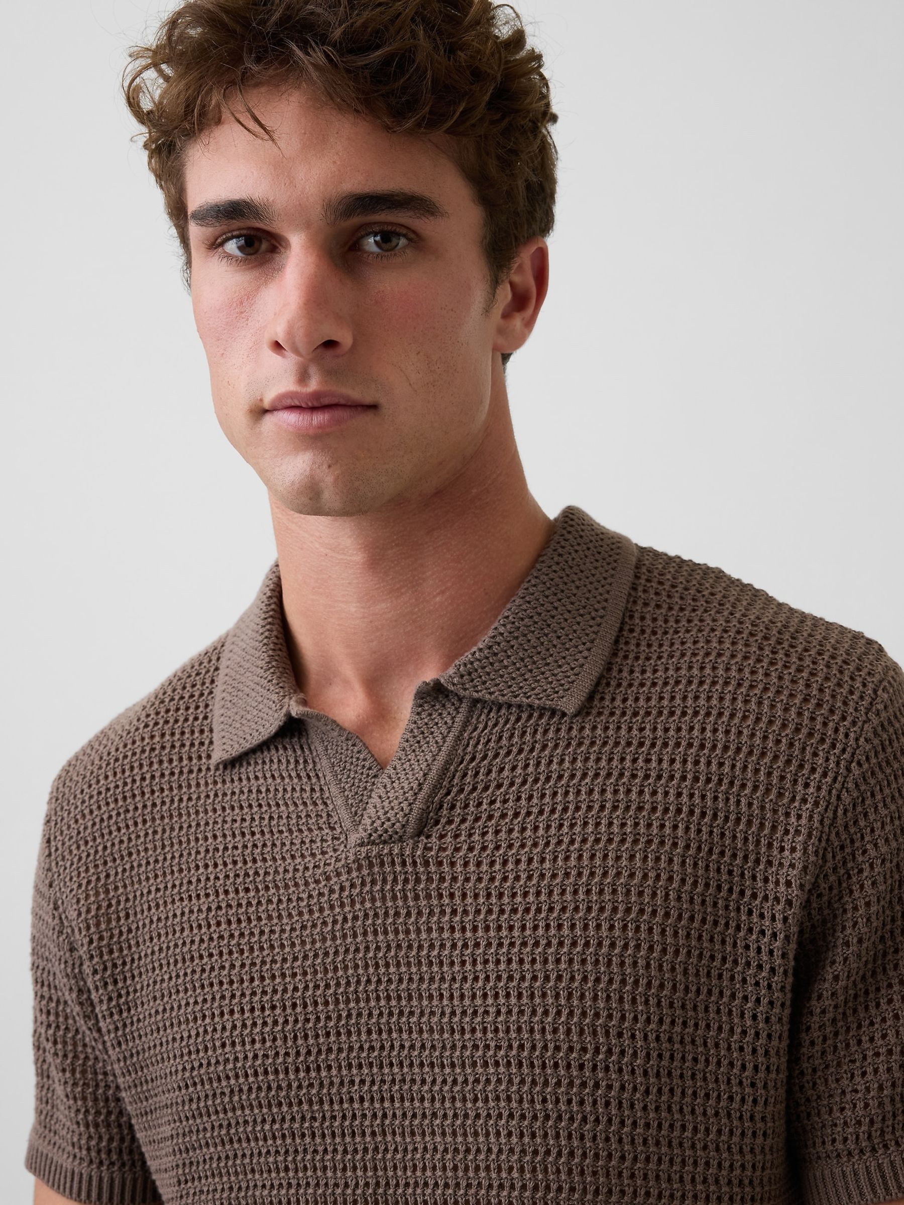 Brown Mesh Polo Jumper - Image 4 of 5