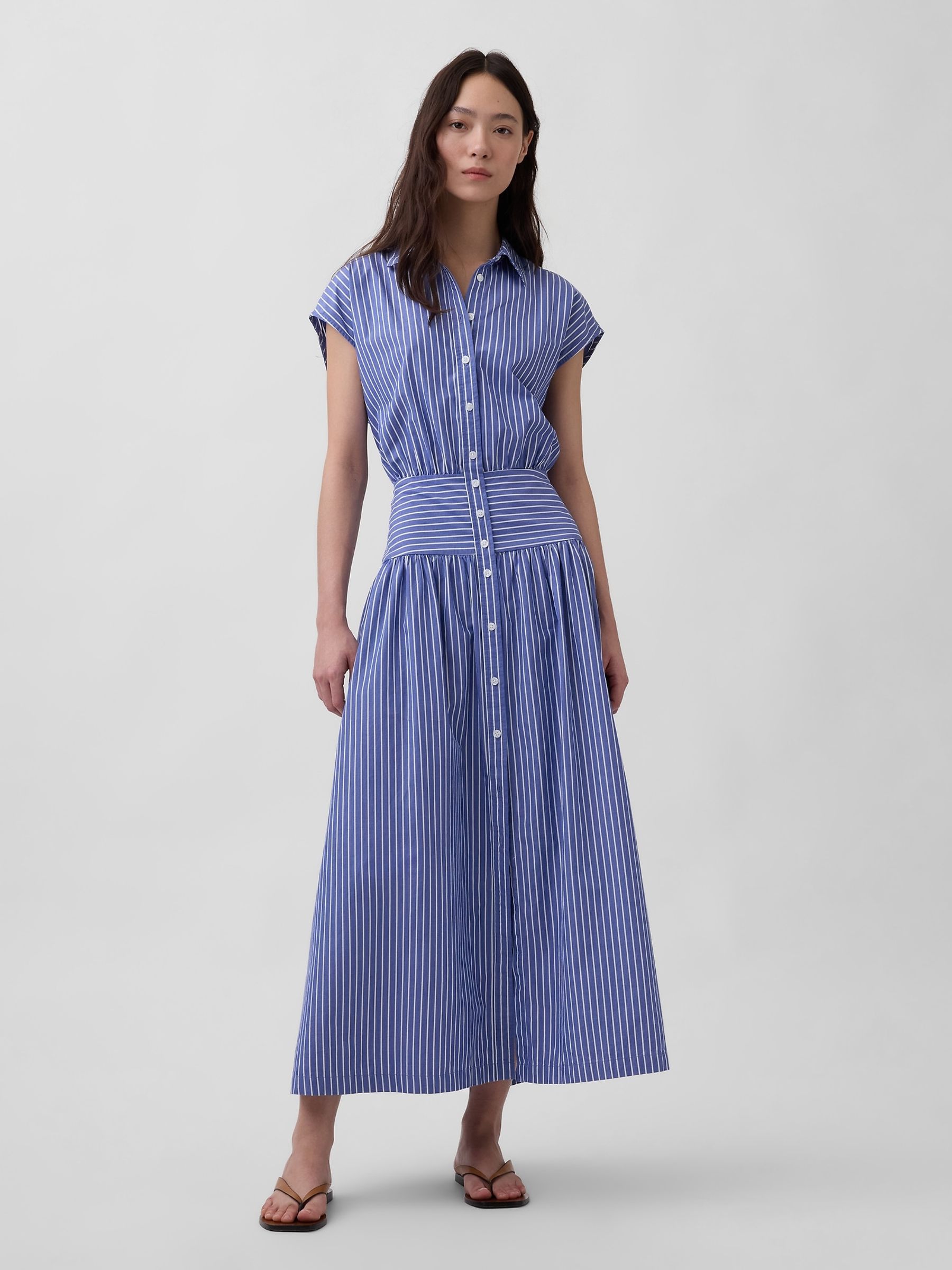 Blue Stripe Poplin Drop-Waist Maxi Shirt Dress - Image 1 of 4