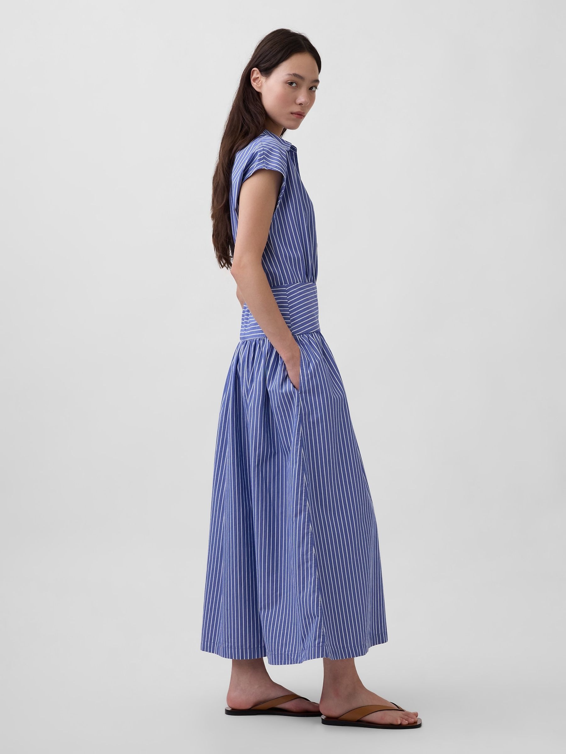 Blue Stripe Poplin Drop-Waist Maxi Shirt Dress - Image 3 of 4