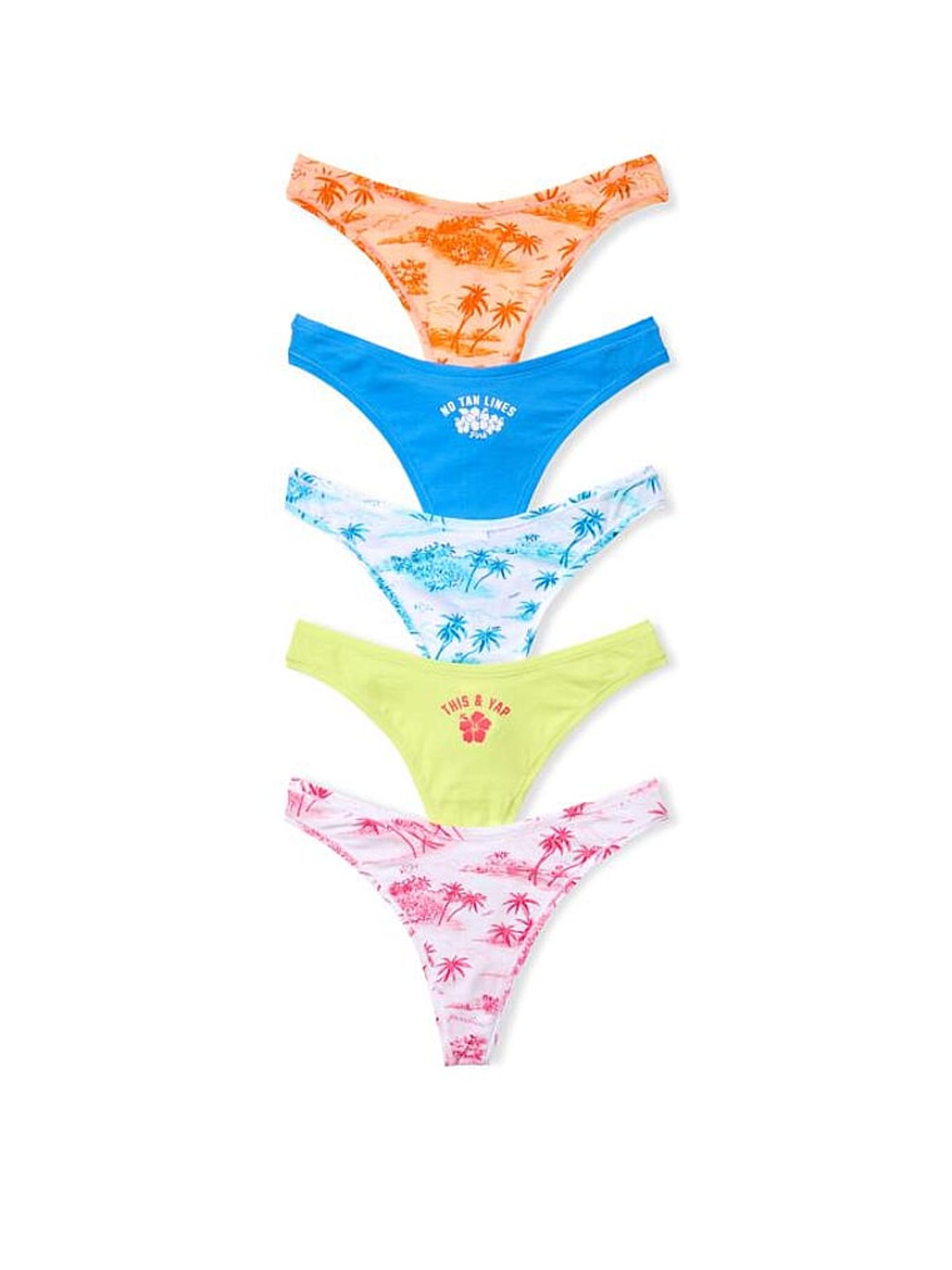 Orange/Blue/Green/Pink Thong 5 Pack Cotton Knickers - Image 1 of 1 Orange/Blue/Green/Pink Thong 5 Pack Cotton Knickers - Image 1 of 1